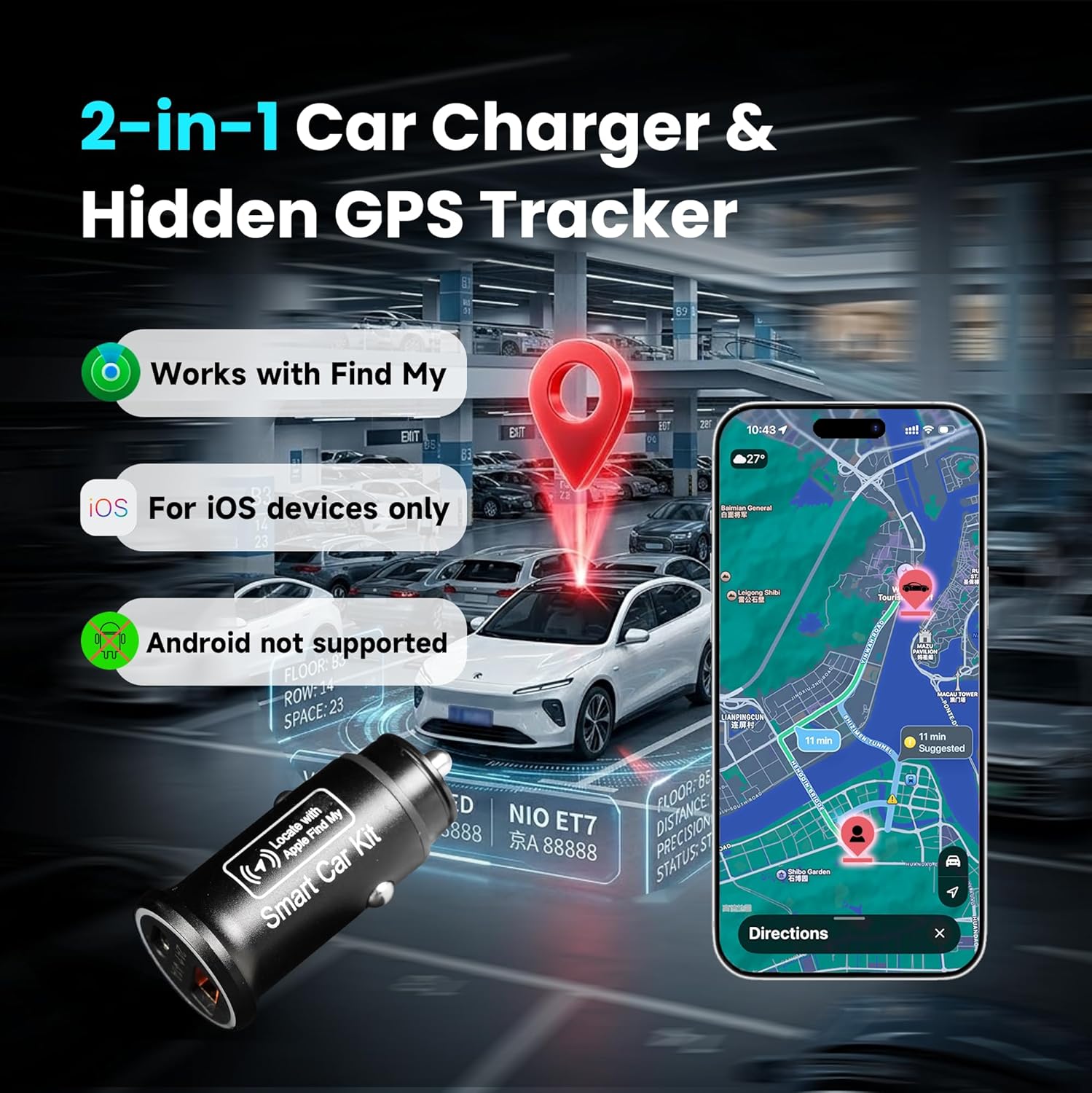 Dual Car Charger, Smart Car Kit AP200. Mobile Locator, Compatible with iOS, USB C 2-in-1 Car Charger, Smartphone Ignition Dual Fast Charging Intelligent Anti-Skid Device