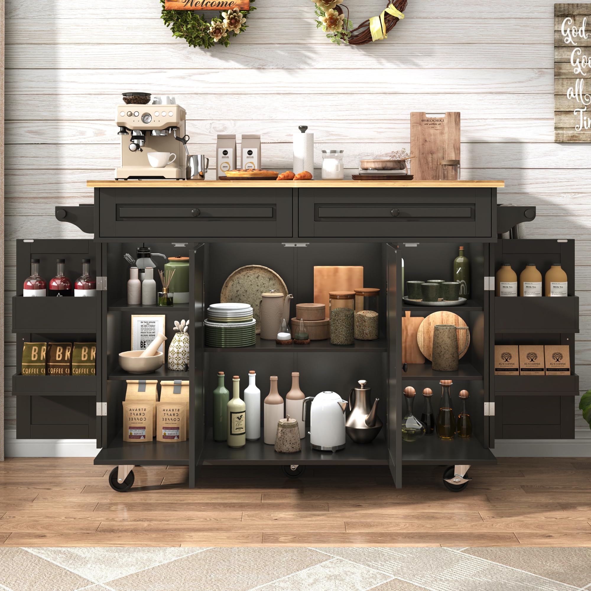 Sponsored Ad - 55" W Rolling Kitchen Island with Drop Leaf – Movable Kitchen Carts on Wheels Island with Storage Cabinet, Island Table for Kitchen with Rubber Wood Top and Rack and Drawer, Matte, Black