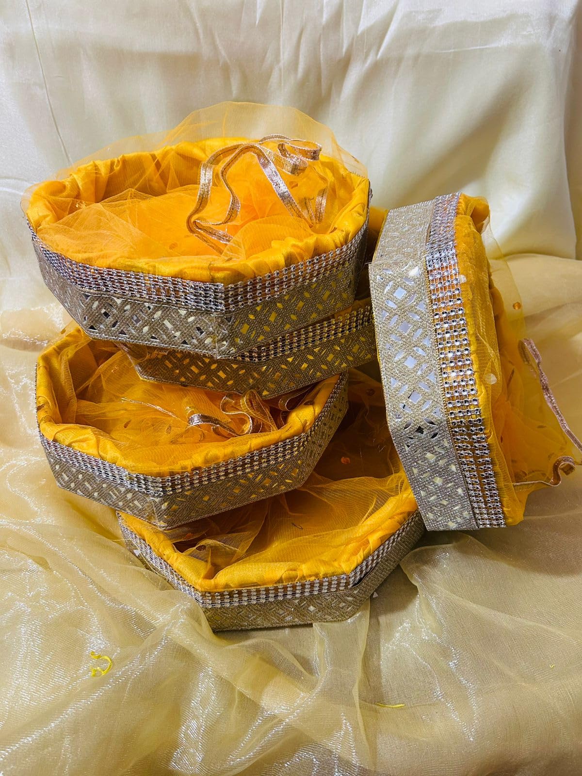 Vayu Art & Crafts Octagonal Shape Decorated Net Hamper Gift Basket Combo/Pack of 5, Diwali Gift Hamper, Festival Gift Hamper Tray 8x8x2.25 (Yellow)-image-16