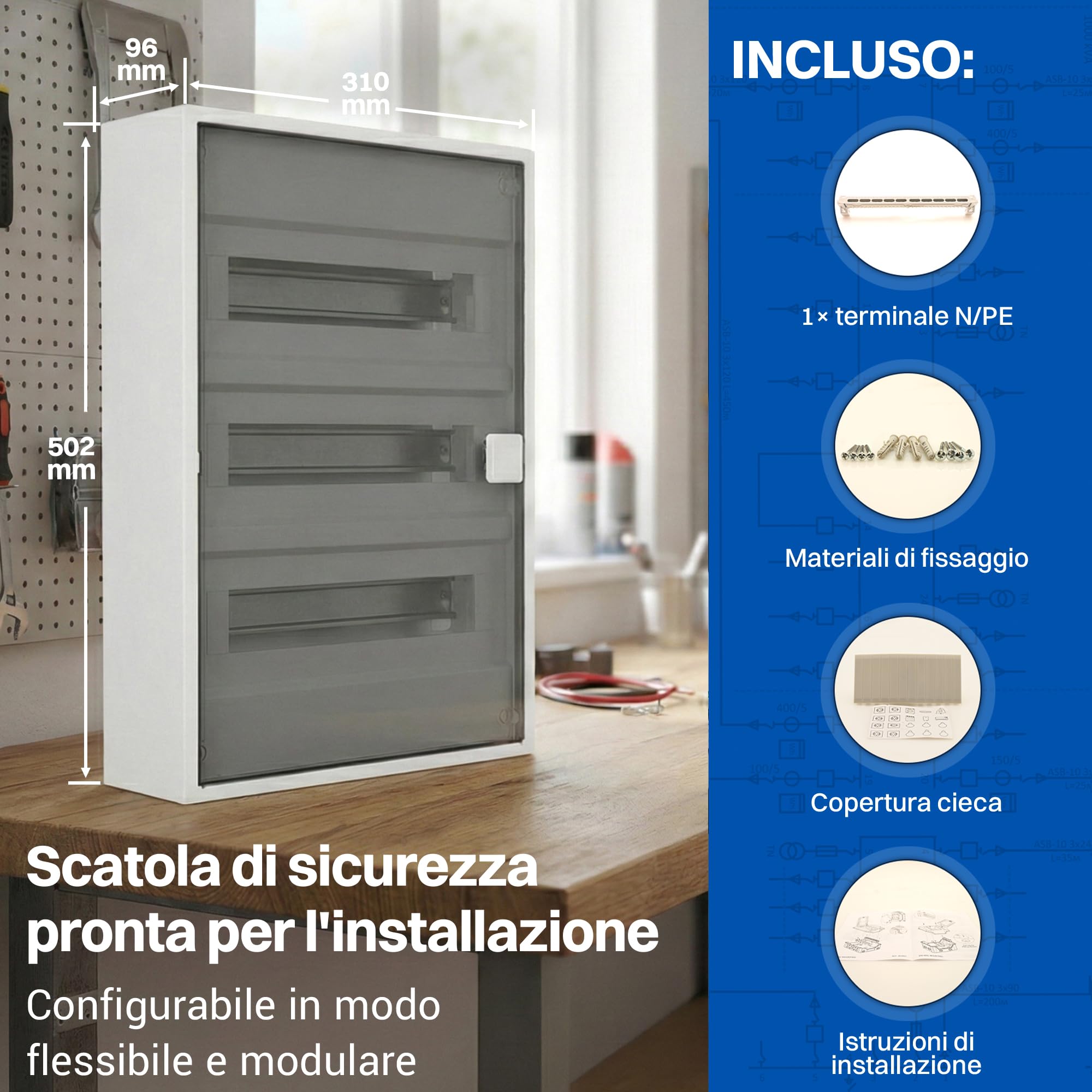 Intratec ALPHA Centralino elettrico da parete 3 file – Quadro di distribuzione per 36 moduli con porta trasparente – Contenitore su guida DIN per casa e uso professionale – 498 x 310 x 96 mm