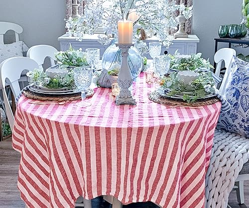 Miniatura 10 de Mantel redondo de lino color beige, 100% lino puro, mantel de rayas italianas, mantel redondo de 60 pulgadas, tela altamente absorbente, lavable