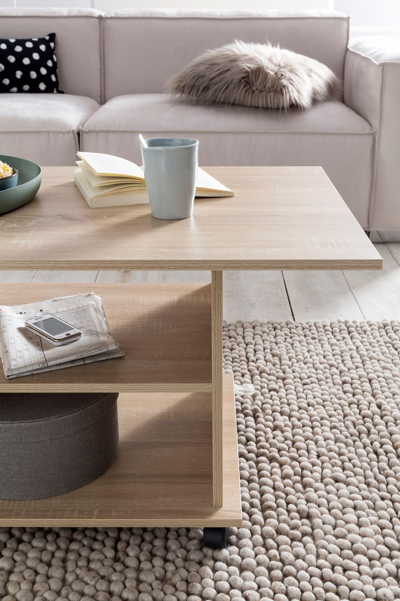 WOHNLING Tavolino Da Salotto Design WL5.739 - Sonoma Rovere, Con Cassetto E Ripiano, 95x51x54.5 Cm, Con Ruote