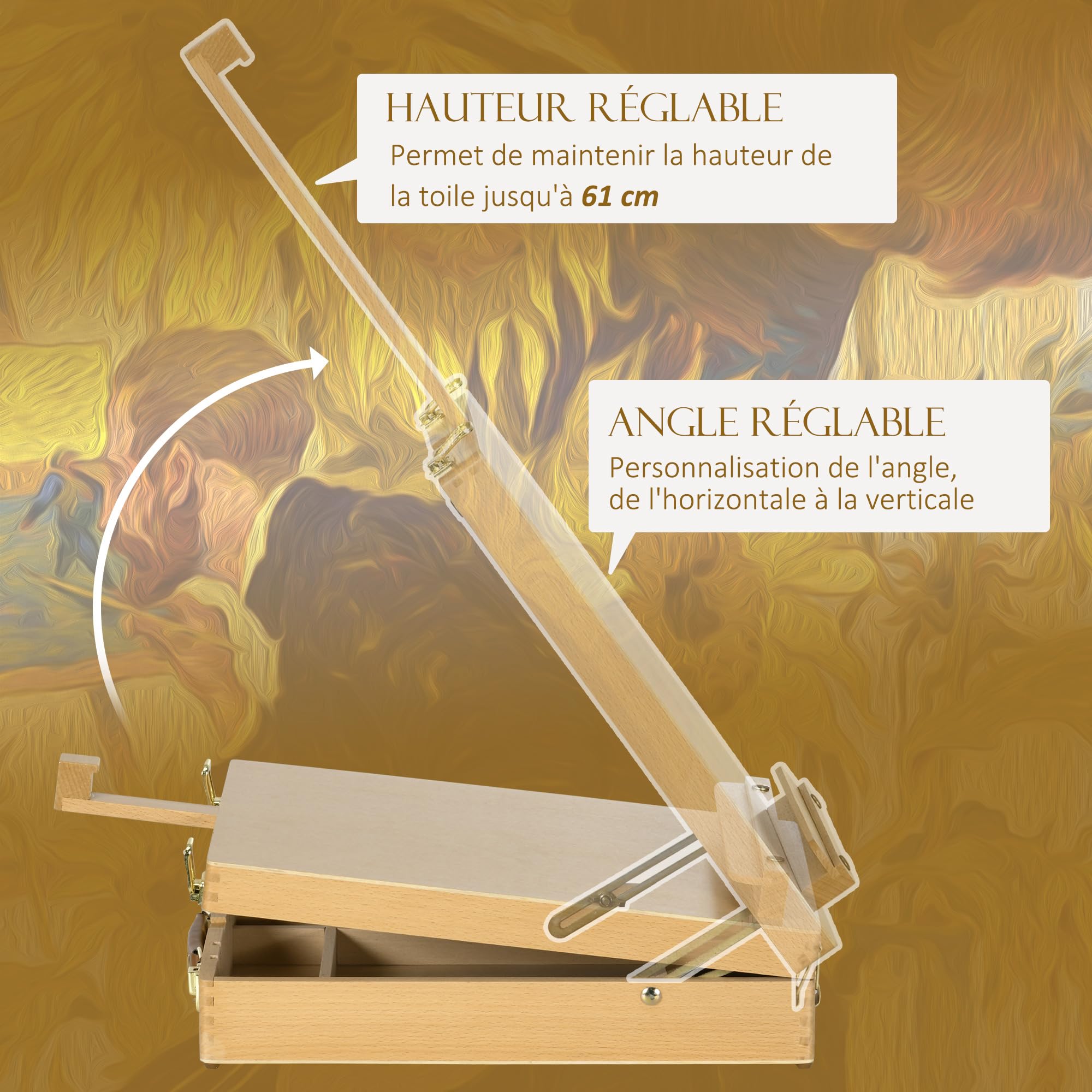 Vinsetto Chevalet de Table en Bois pour Toile jusqu'à 61 cm Réglable | Bois de Hêtre, Planche à Dessin Pliante Portable, pour Adultes Débutants Artistes Peintres, Naturel
