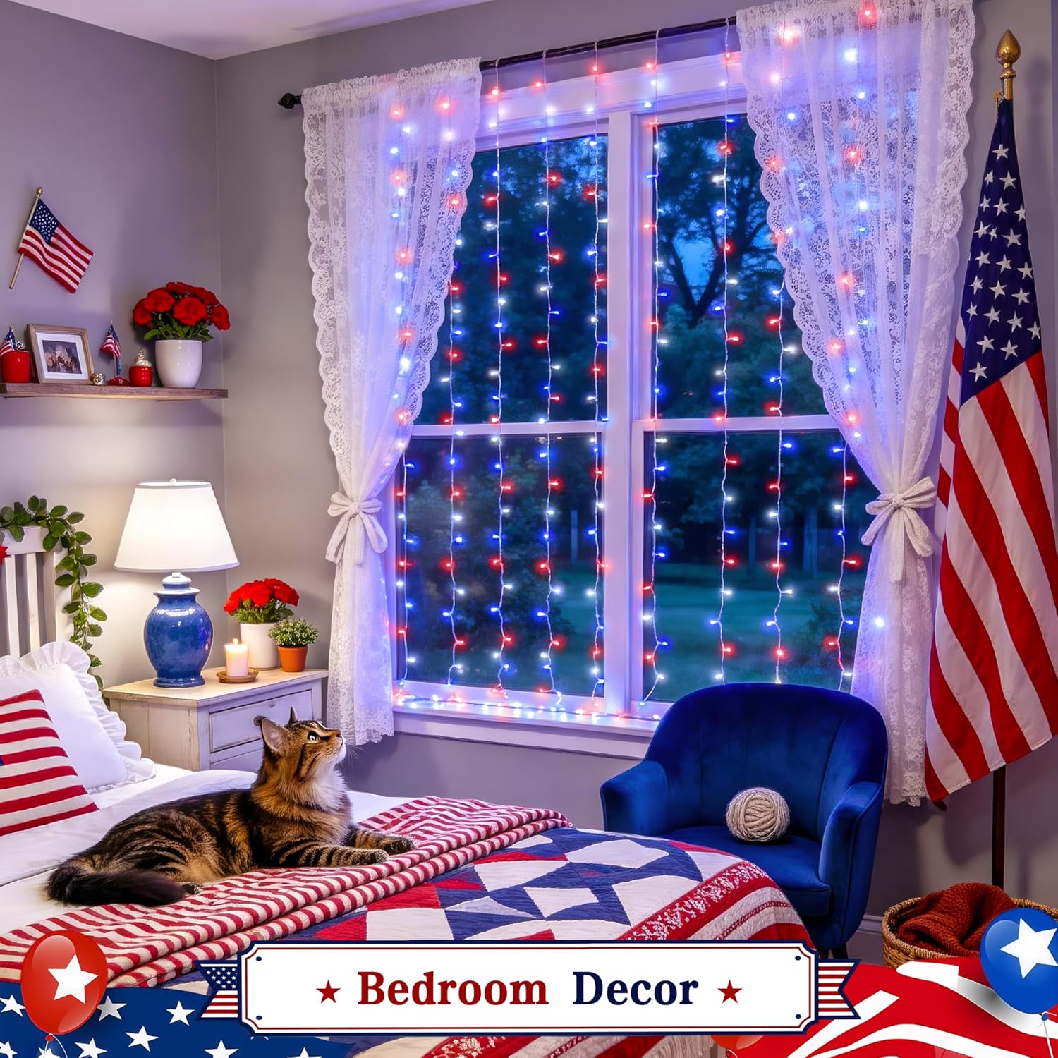JMEXSUSS 200 LED Red White and Blue Curtain Lights Battery Operated/USB Plug in, 6.5ft x 6.5ft 4th of July Lights, Remote 8 Modes Hanging String Lights for Independence Day Bedroom Backdrop Decor
