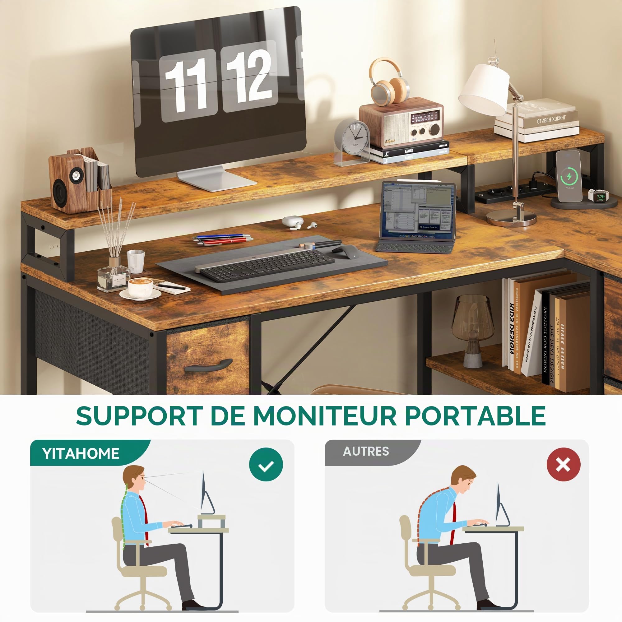 YITAHOME Bureau en L Reversible 4 Tiroirs USB Prises 140x100cm Marron