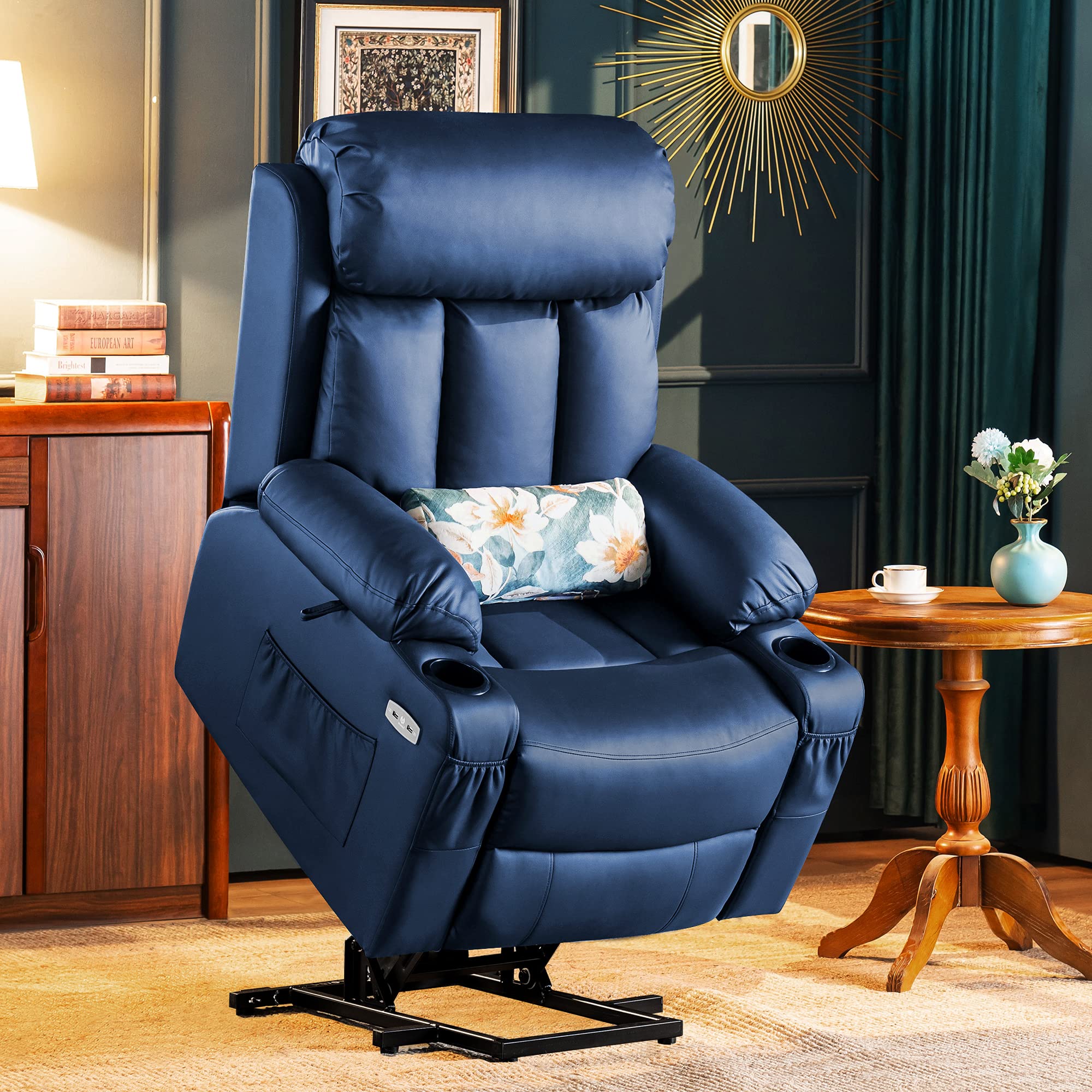 MCombo Large Electric Power Lift Recliner Chair with Extended Footrest for Big and Tall Elderly People, Hand Remote Control, Lumbar Pillow, Cup Holders, USB Ports, Faux Leather 7426 (Blue)