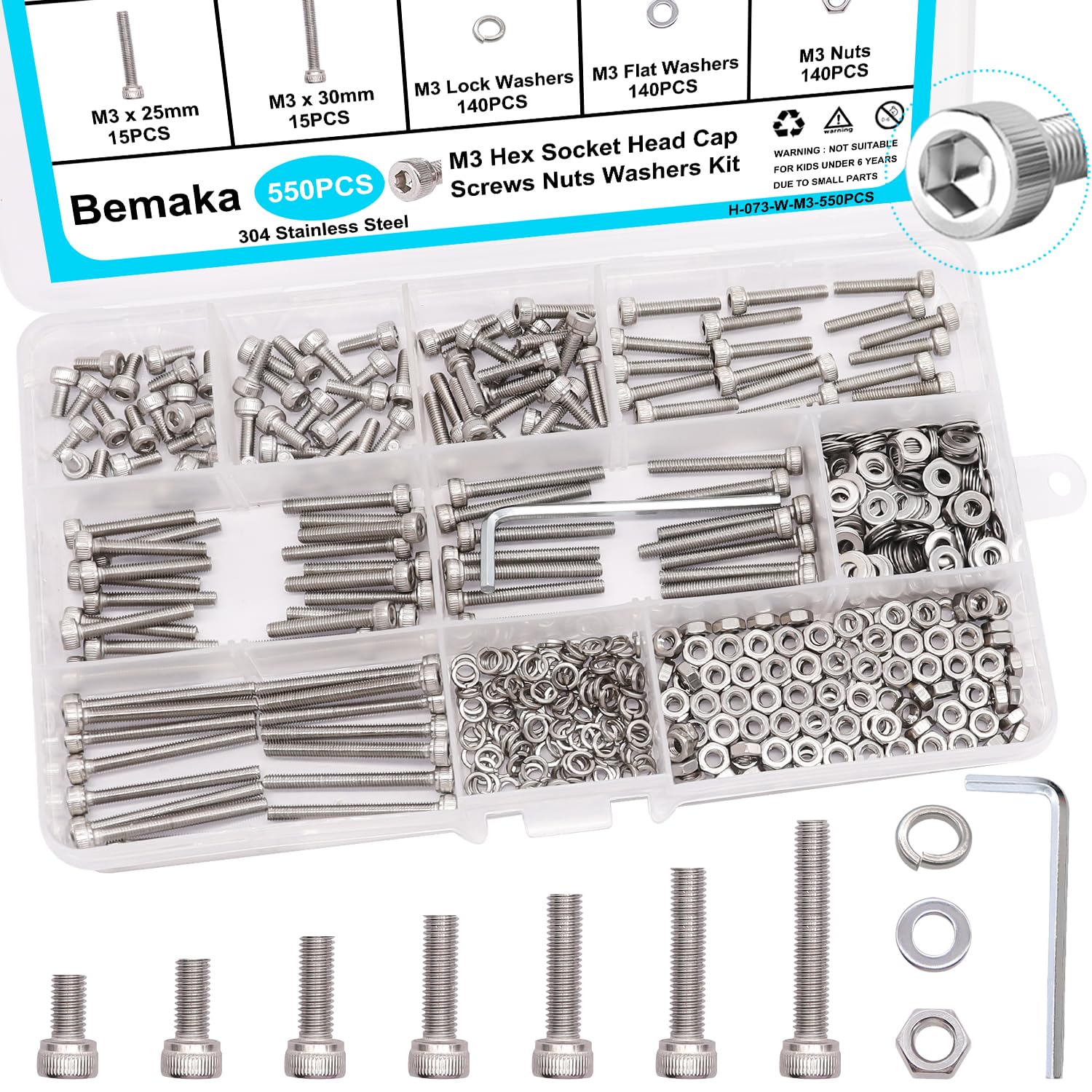 Bemaka 550PCS M3 Screw Kit, M3 x 6/8/12/16/20/25/30mm Hex Socket Head Cap Screws Bolts Nuts Washers Assortment Kit, 304 Stainless Steel Metric Screws with Hex Wrench