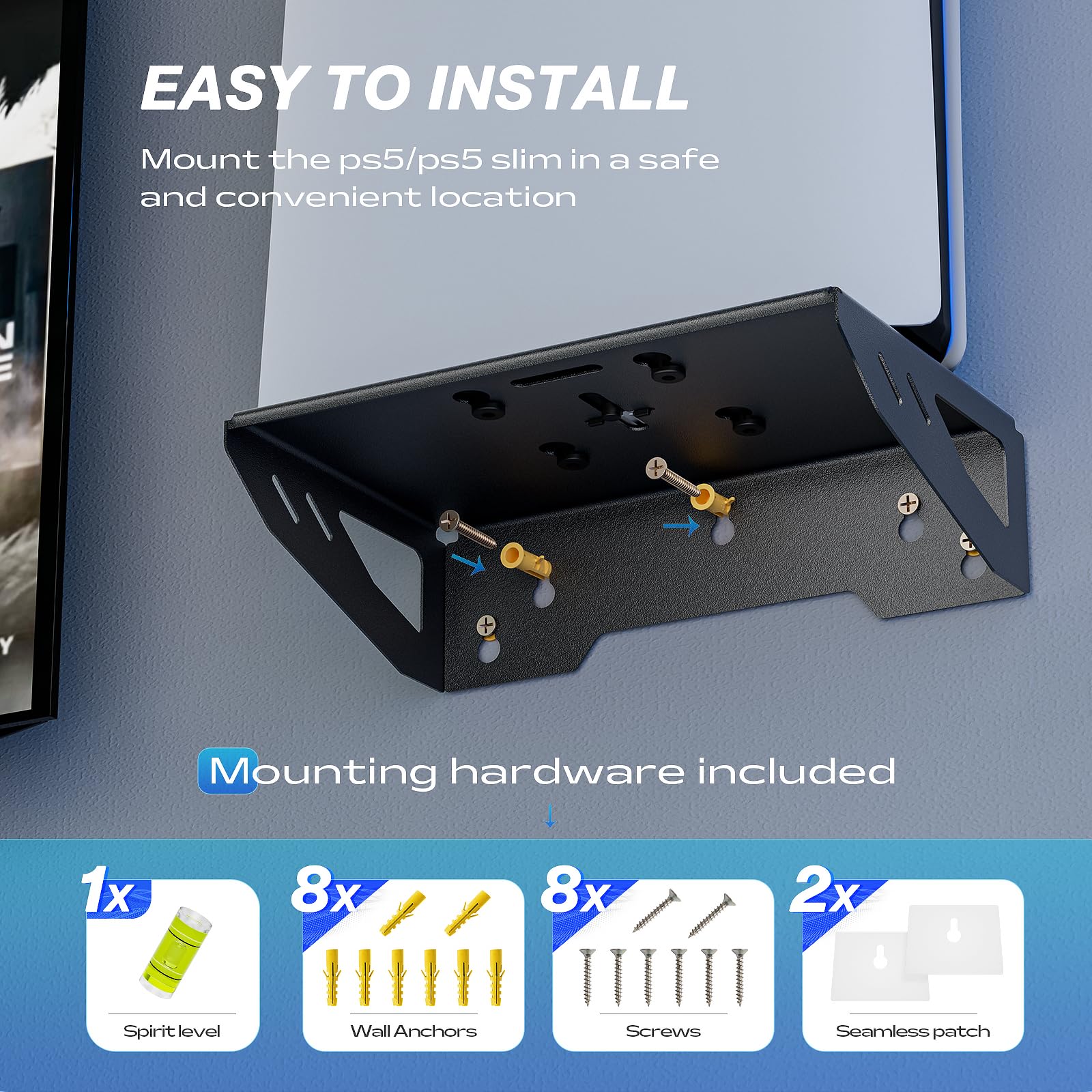 Aceshop Support Mural PS5/PS5 Slim,Support mural compatible avec PS5/PS5 Slim (Disque et Numérique) Acier Support Mural Playstation 5 Support mural pour console PS5/PS5 Slim avec support de Contrôleur
