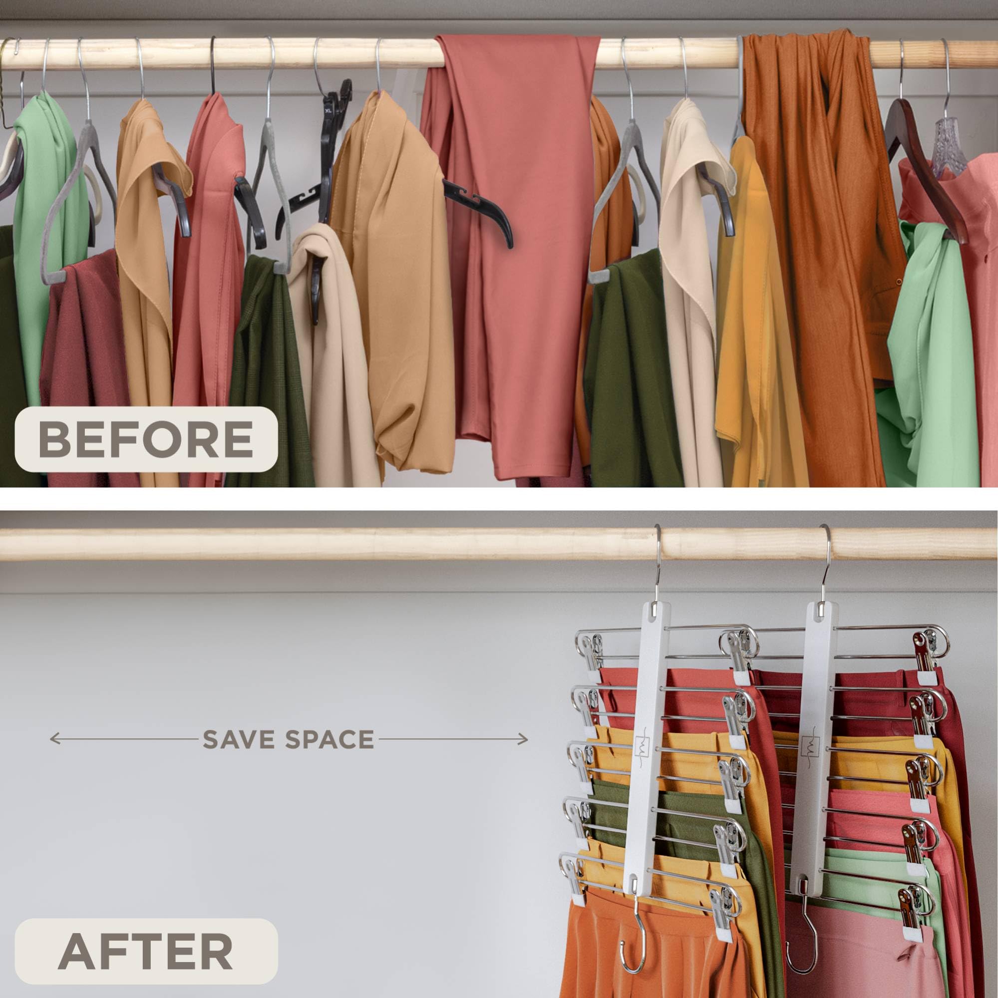 MORALVE Skirt Hangers Space Saving with Clips, 2 Pack, European Beechwood 5-Tier Hanger for Shorts Skirts, and Trousers - Image 3