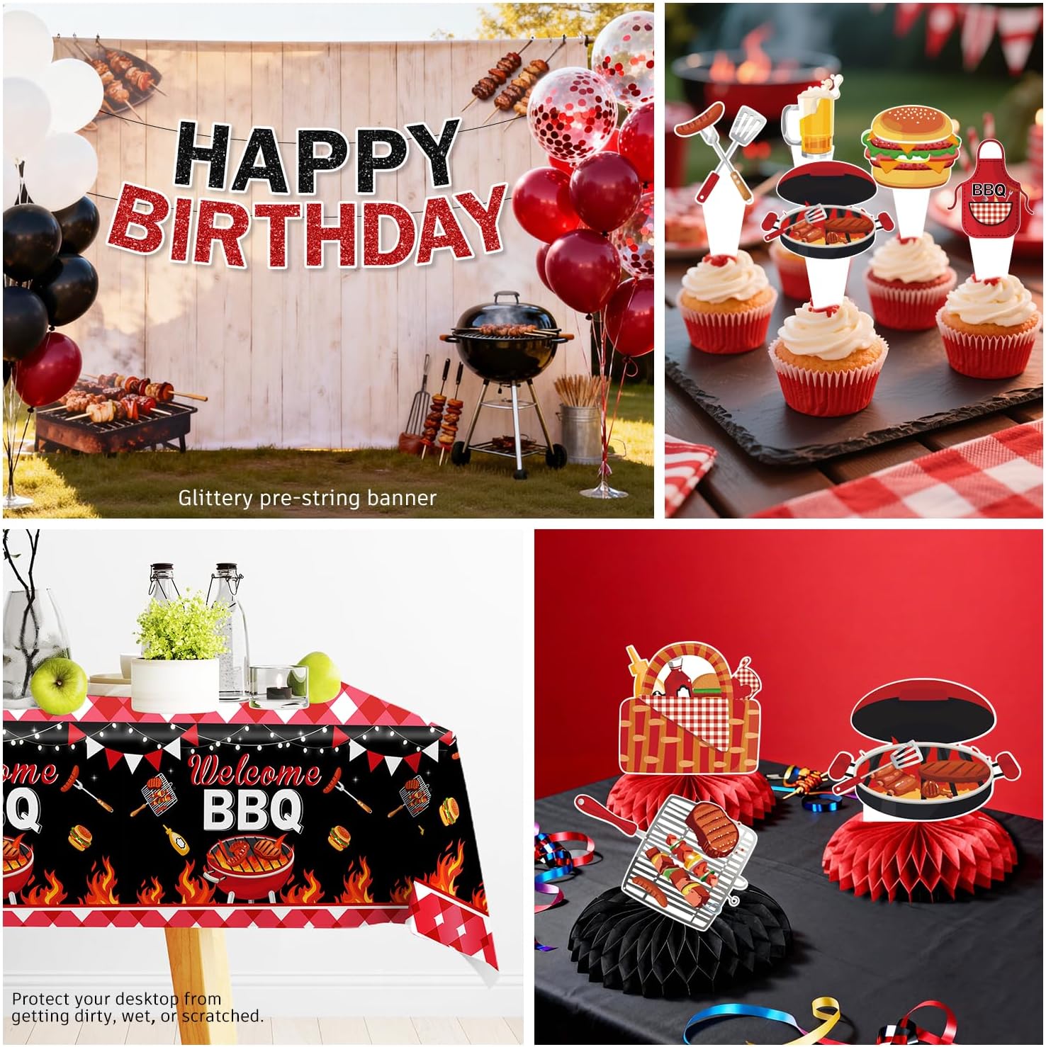 205 Pcs BBQ Birthday Party Decorations, Picnic Party Decorations Serves 25 - Banner, Tableware, Tablecloth, Cake Toppers, Balloons - Backyard Birthday Party Decorations