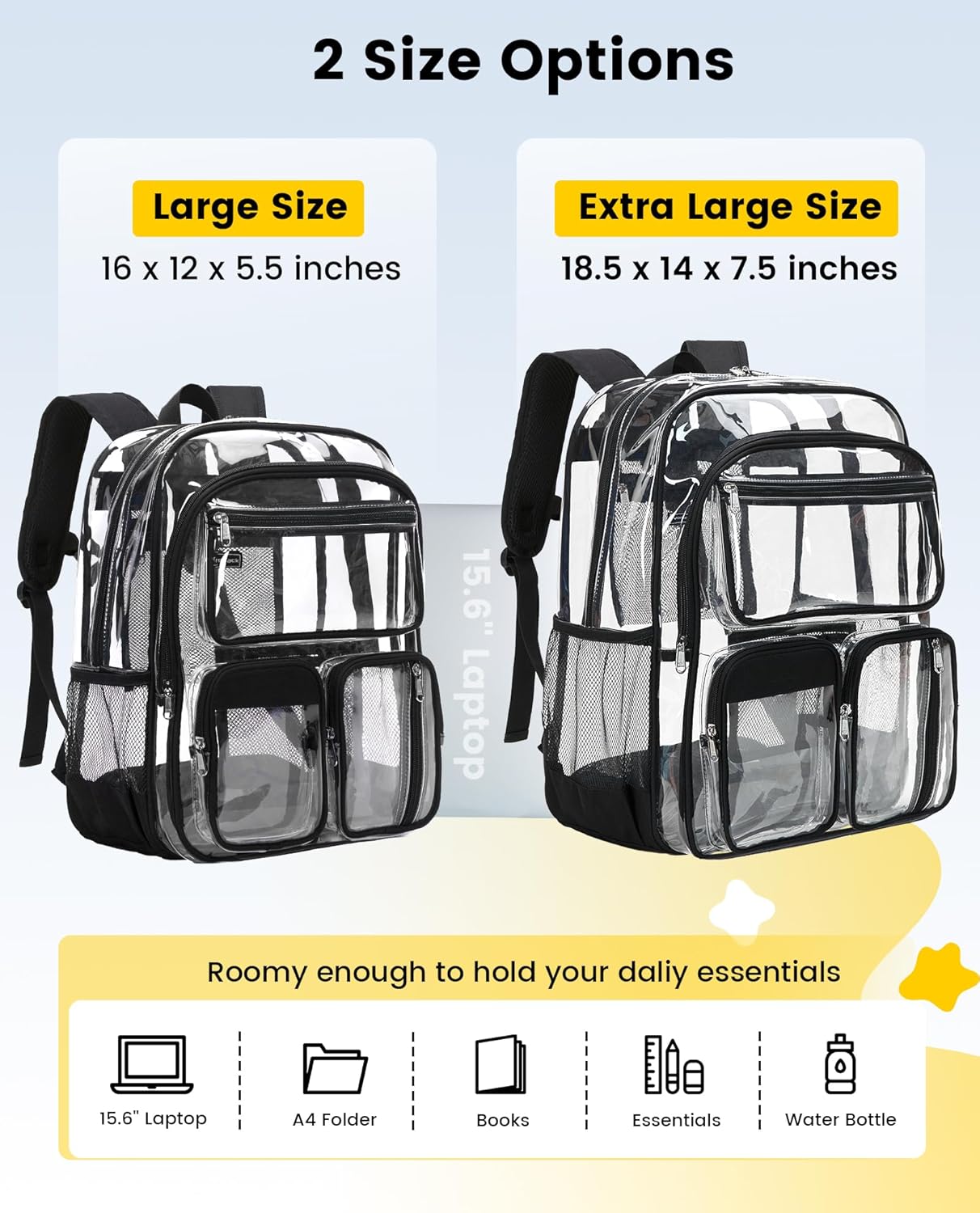 Vorspack Clear Backpack for School - Heavy Duty Transparent Bookbag for Girls Boys Large See Through Backpacks for Teens, Work, Travel, Festival - Black - Image 2