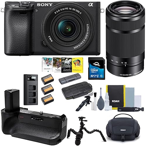Sony Alpha a6400 Mirrorless Digital Camera with 16-50mm Lens (Black) Bundle with E-Mount Lens (Black), 128GB Memory Card, 32GB Flash Drive, Battery Grip, Rechargeable Battery and Charger (11 Items)