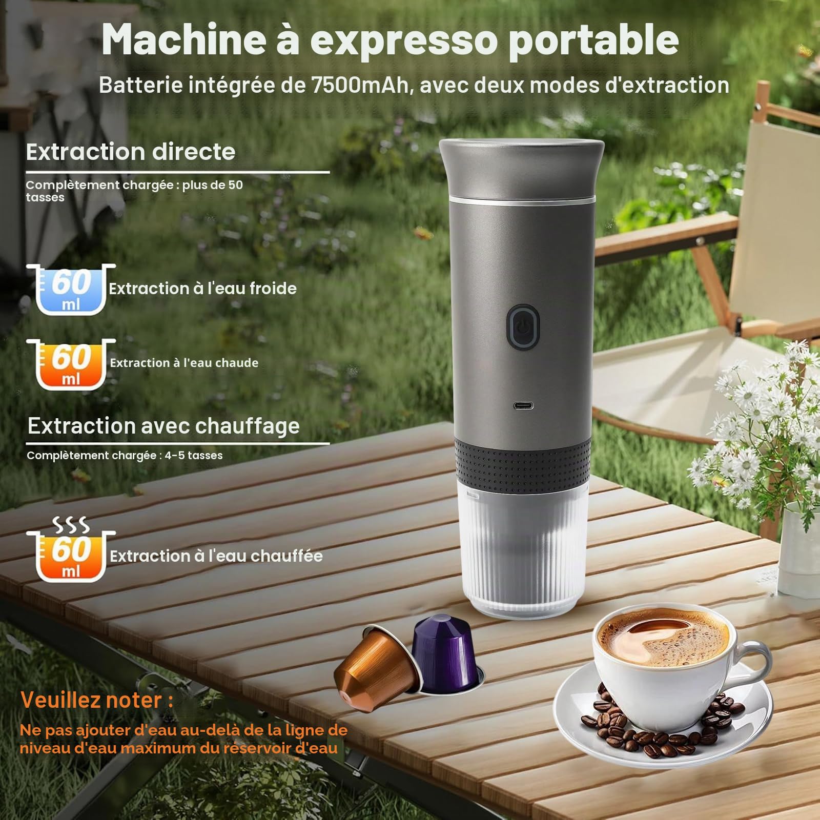 Machine à Café Espresso Portable 15 Bars,Cafetière Électrique Sans Fil