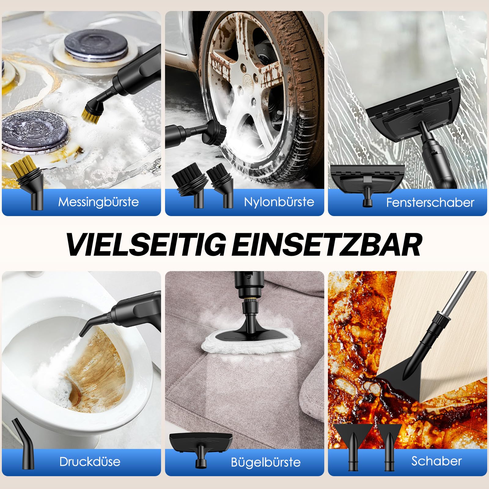 ODSD Dampfreiniger für Haushalt und Auto, 3-stufig einstellbarer Dampfreiniger, 15 Sekunden Aufheizzeit und 1,6 l großer Tank, Handdampfreiniger für Autos, Haushalt, Küche, Fenstern,Boden