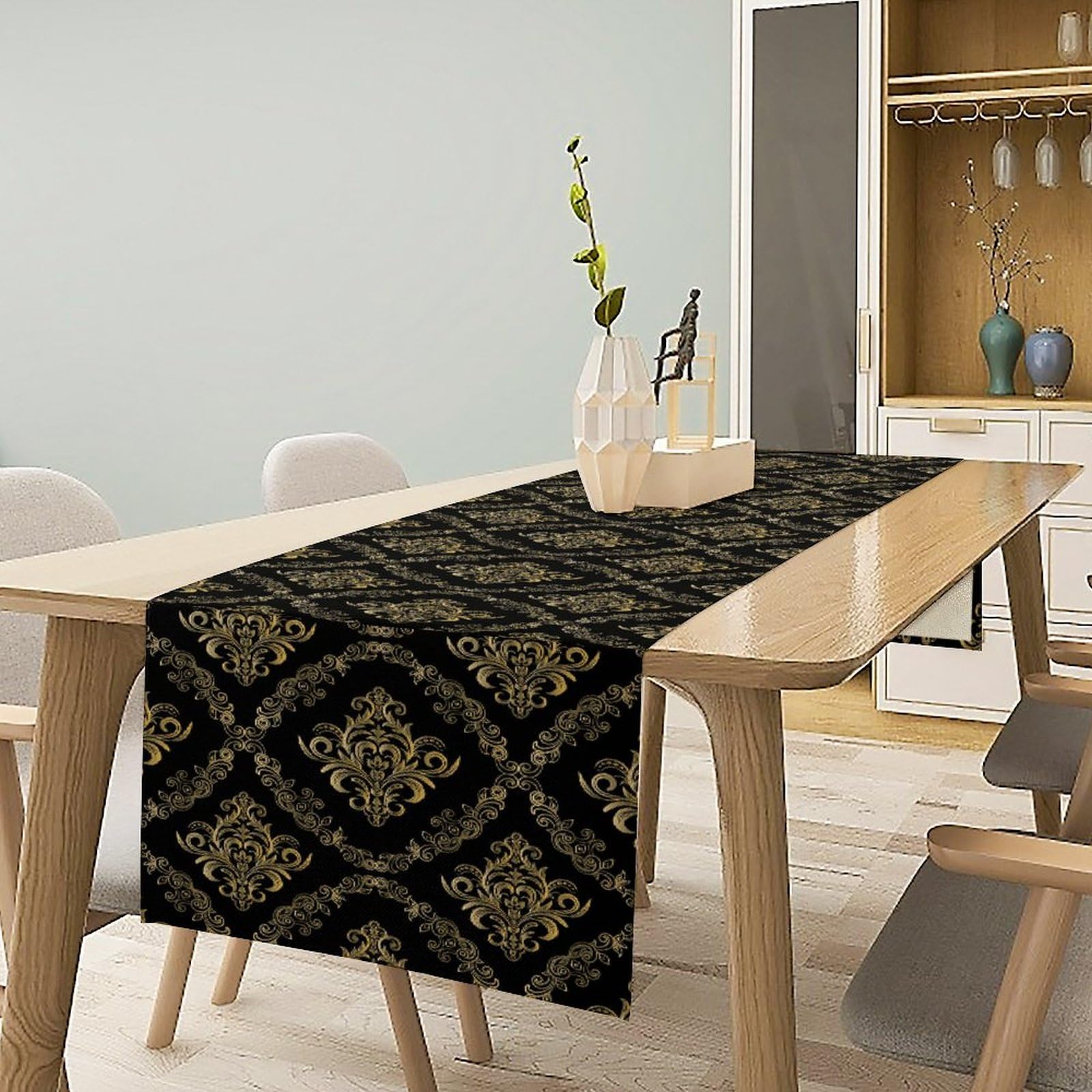 ShiTingYu Camino de mesa abstracto, patrones étnicos tradicionales, flores doradas, negro, camino de mesa vintage para cocina, sala de estar, fiesta, hogar, 13 x 90 pulgadas