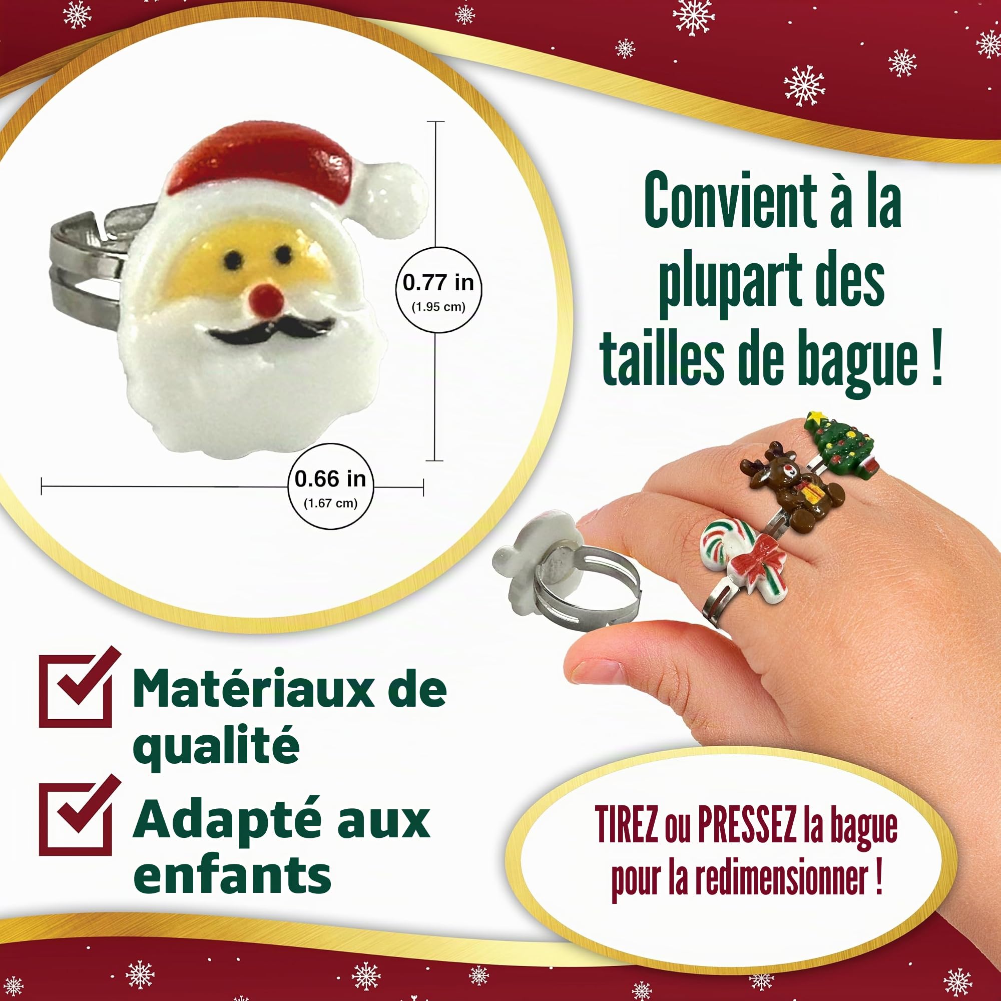 Lot de 10 Bagues Réglables de Noël pour Filles dans un Coffret Cadeau d'Arbre, Plastique, Aucune Pierre Précieuse - Pour Filles de 3 à 8 Ans