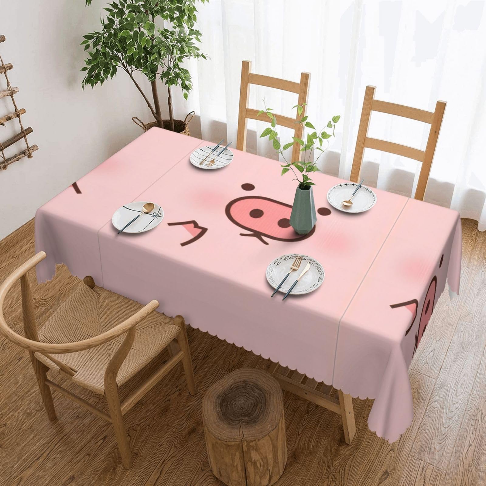 QAZWZML Cute Pig Printed tablecloth, made of thick polyester with lace trim, suitable for dining rooms, picnics, and weddings