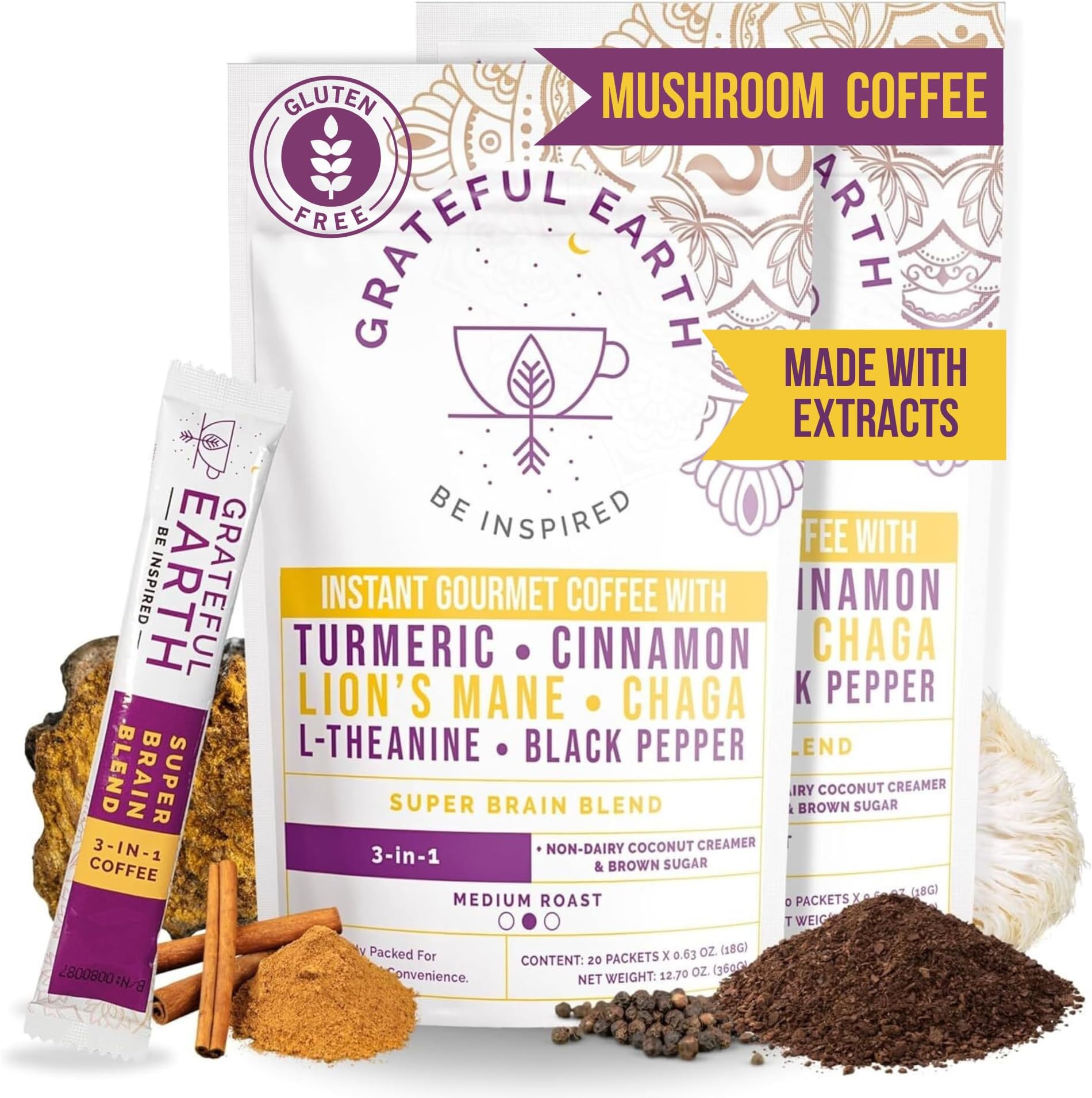 Grateful Earth Mushroom Coffee, Coconut Instant Coffee with Cinnamon, Turmeric, Lion’s Mane Mushrooms, L-Theanine, Chaga, Super Brain Blend, Energy & Immune Support, Dairy & Gluten Free, 2 Bags, 40 Ct