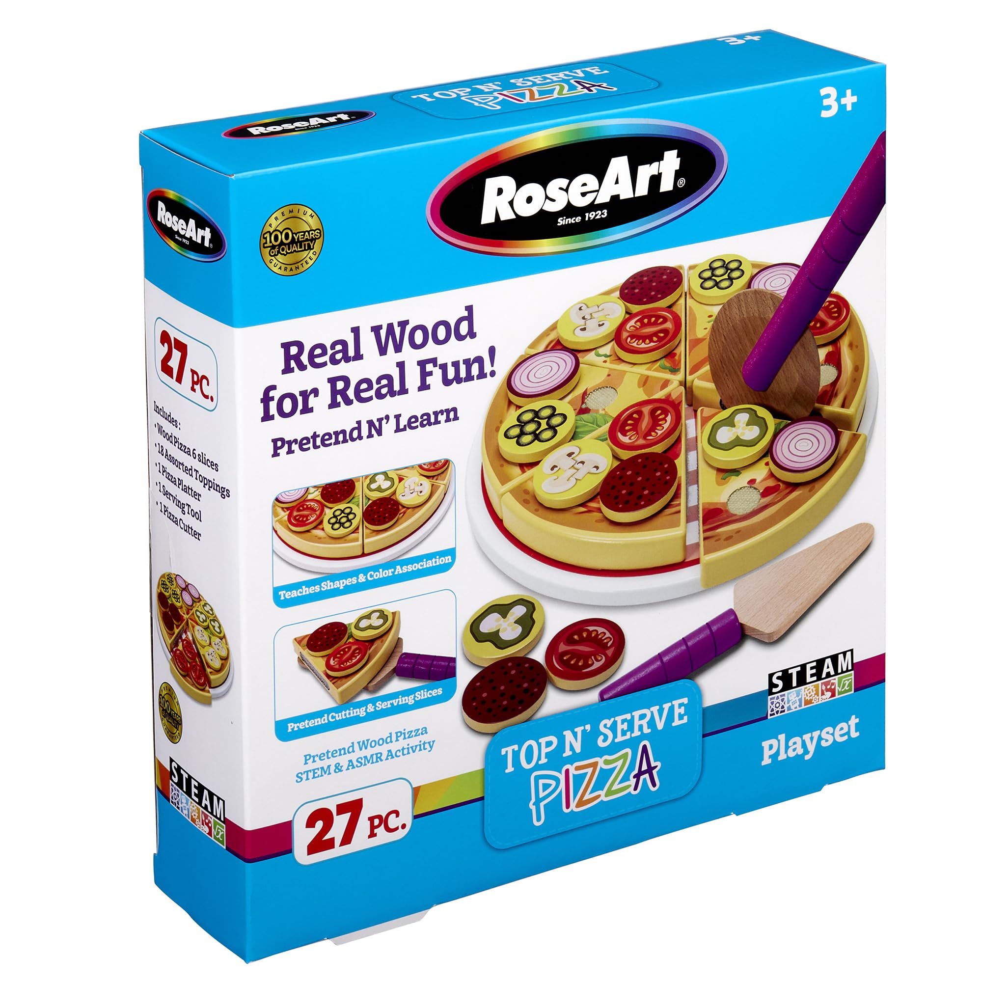 RoseArt Top n' Serve Wood Pizza Parlor Play Set 27pc Pretend Play Kitchen Gift, for Toddlers Ages 3 and Up