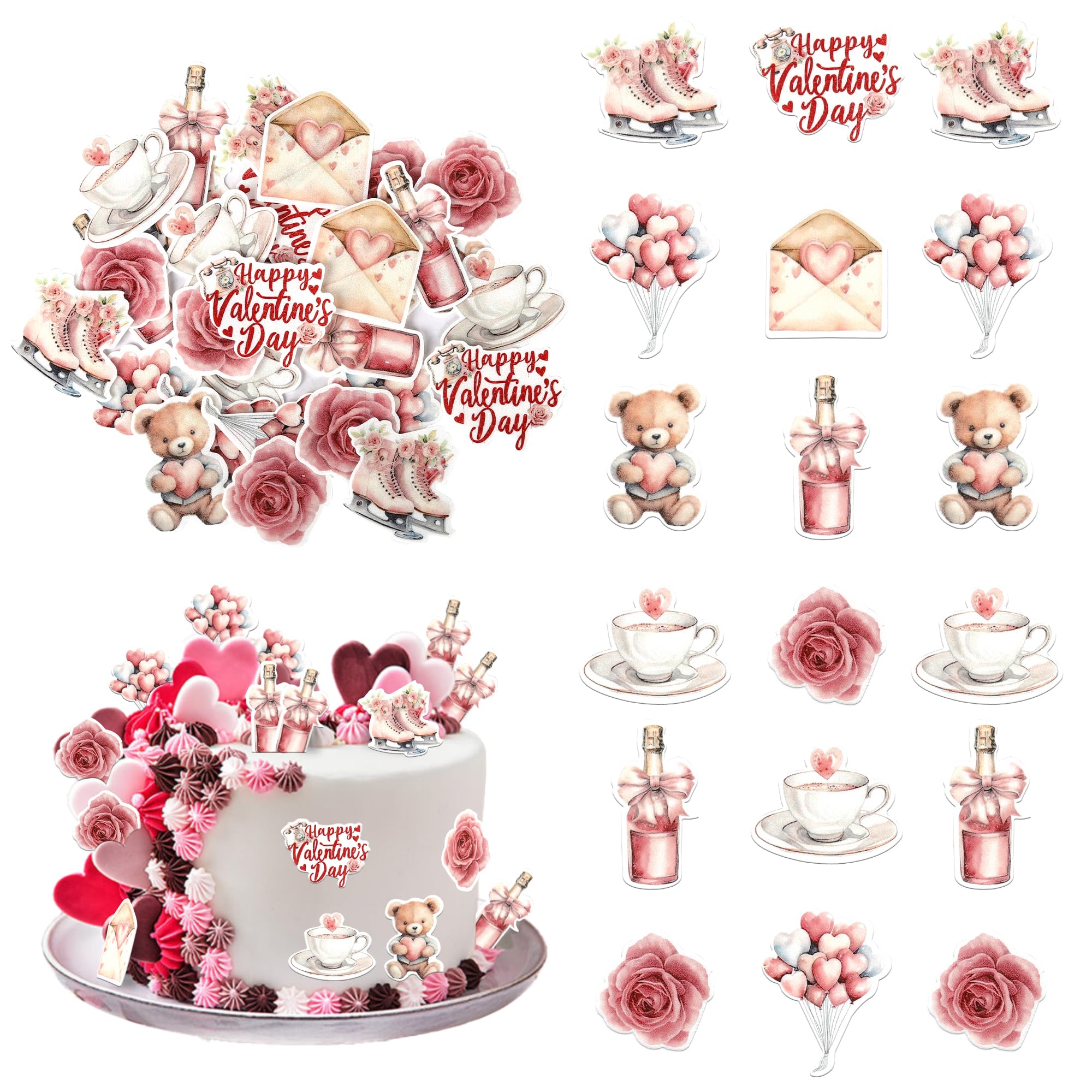 56 PCS Edible Happy Valentine's Day Cupcake Toppers Sweet Love Heart Balloon Bear Be Mine Valentines Cake Decorations Edible Rose Flower Cupcake Picks