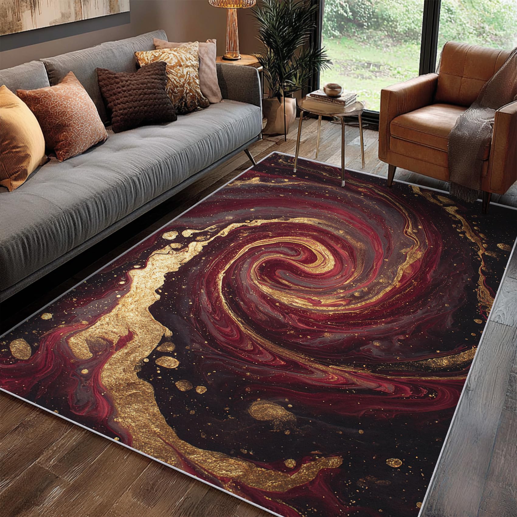 Teppich Klein Weinrot Wohnzimmer 80 x 150 cm Mit Bordeaux Rot Gold Marmor Muster, Weinrot Schlafzimmer Deko Bettvorleger, Kurzflor rutschfest Waschbar Teppiche Gegend