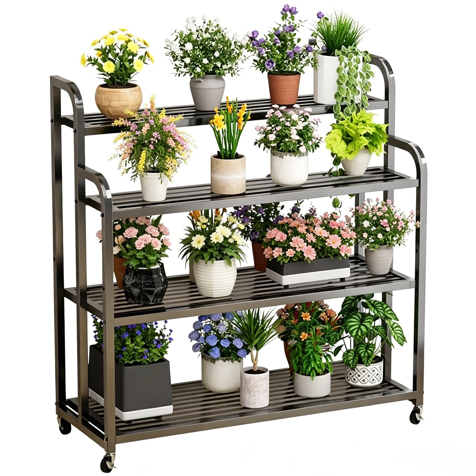 DMCHENGMA Indoor 4 Tier Plant Shelf, Modern Ladder Flower Stand w/Wheels and Brakes, Black Metal Iron Flower Pots Holder(100x40x120cm)