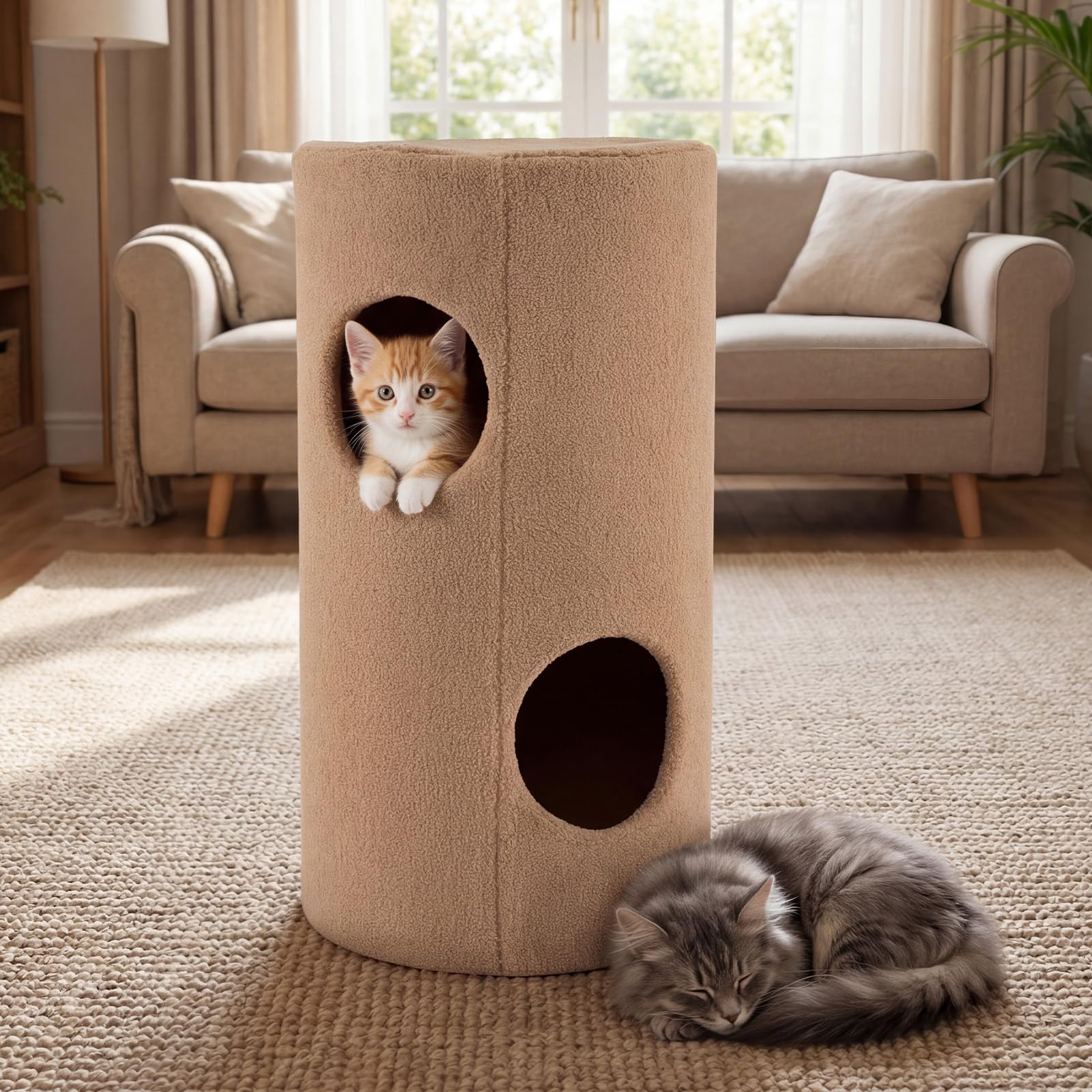 COSTWAY Kratztonne, Ø 35 cm, 66 cm hoch, Katzentonne mit Sisal-Kratzmatte, 2 Katzenhöhlen, Katzenbett, Kratzbaum für kleine und mittelgroße Katzen, Katzenbaum bis 15 kg, Braun