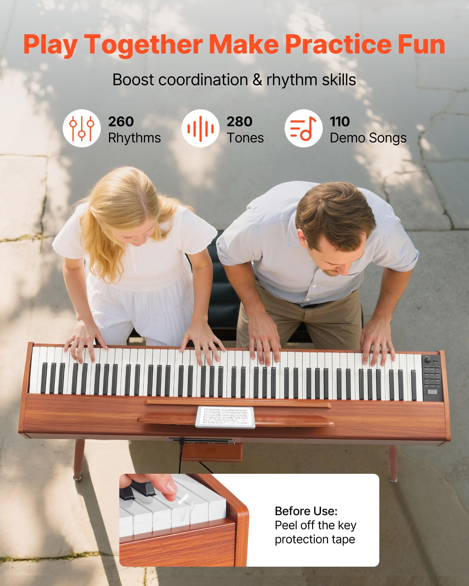 VEVOR Piano Digital de 88 Teclas, con Teclado Dual y Altavoces, con Atril, Pedal Sustain, 280 Tonos, Conexión Inalámbrica, Control Preciso, para Principiantes, Color Madera, 1330 x 300 x 900 mm