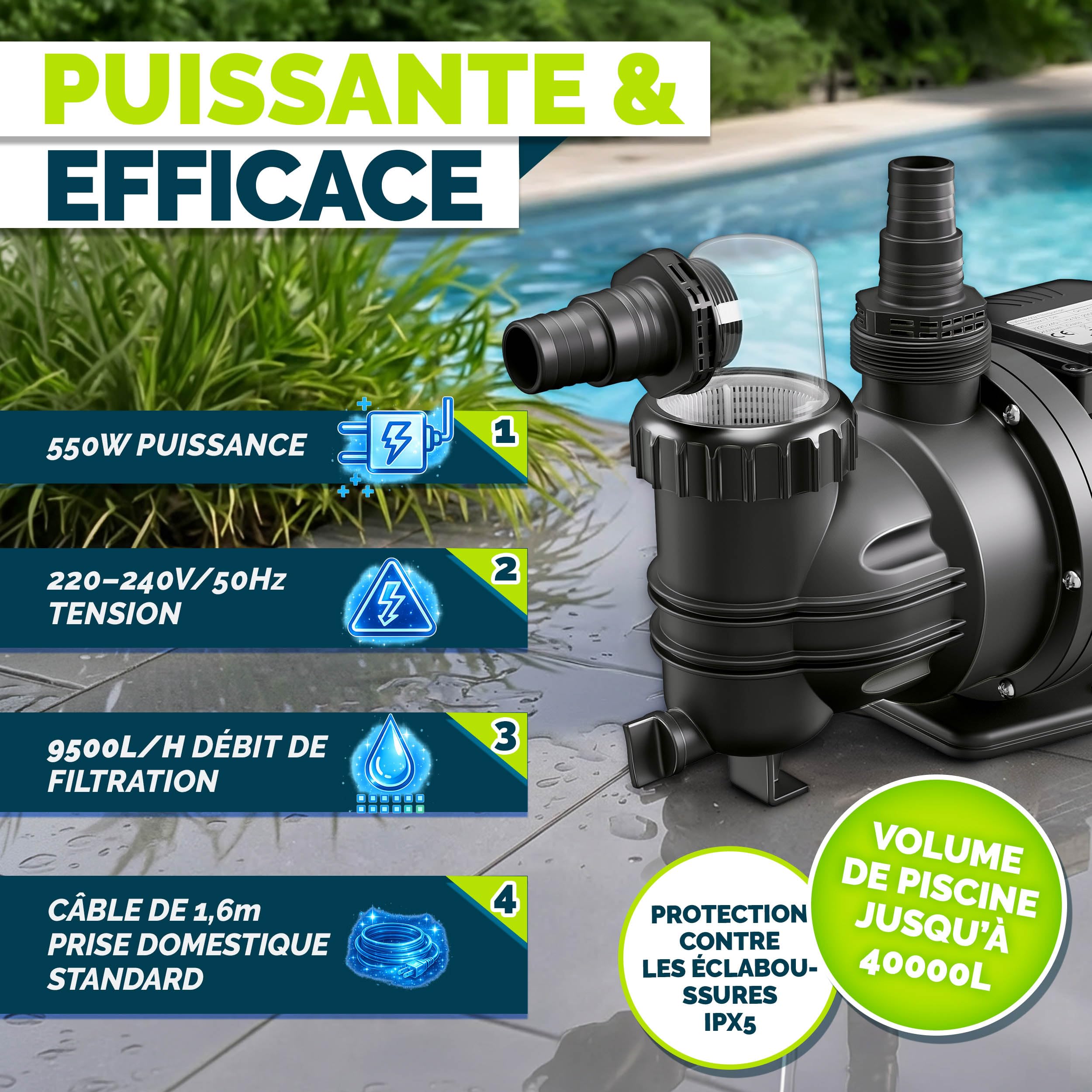 tillvex® Pompe de filtration piscine 9 500 L/h & 550 W | Hauteur de refoulement max. 10 m | Pompe de circulation pour piscines 40 m³ | Auto-amorçante pour piscine hors-sol & spa avec préfiltre