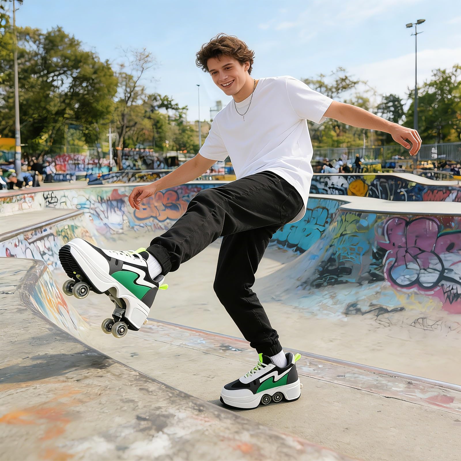 Patines de Doble Fila | Patines 2 en 1 - Zapatos Automáticos de Deformación Invisible | con Polea Extraíble para Patinaje y Parkour | Cuatro Ruedas Convertibles