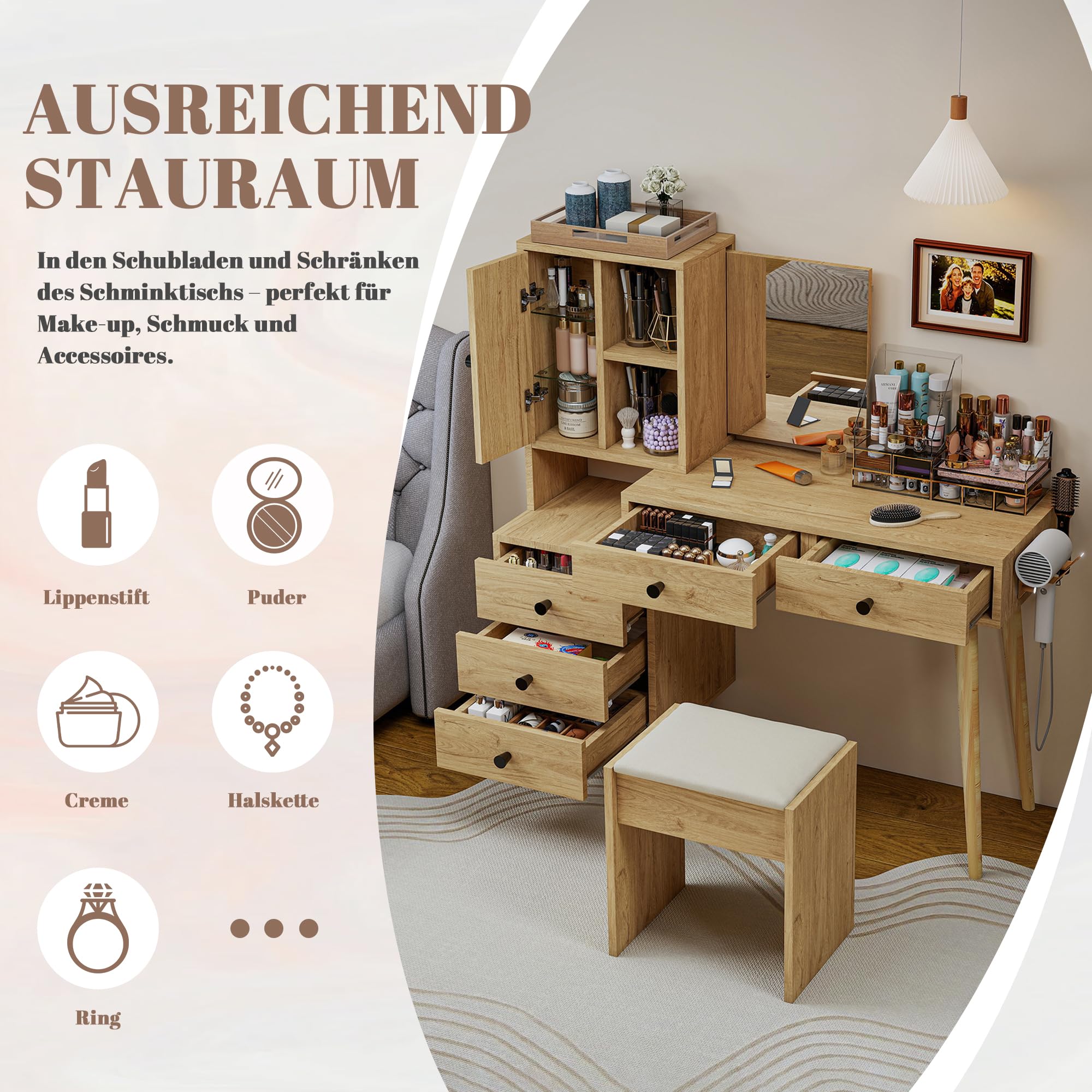 Kleiner Schminktisch mit versenkbarem Spiegel, Hocker und 5 Schubladen
