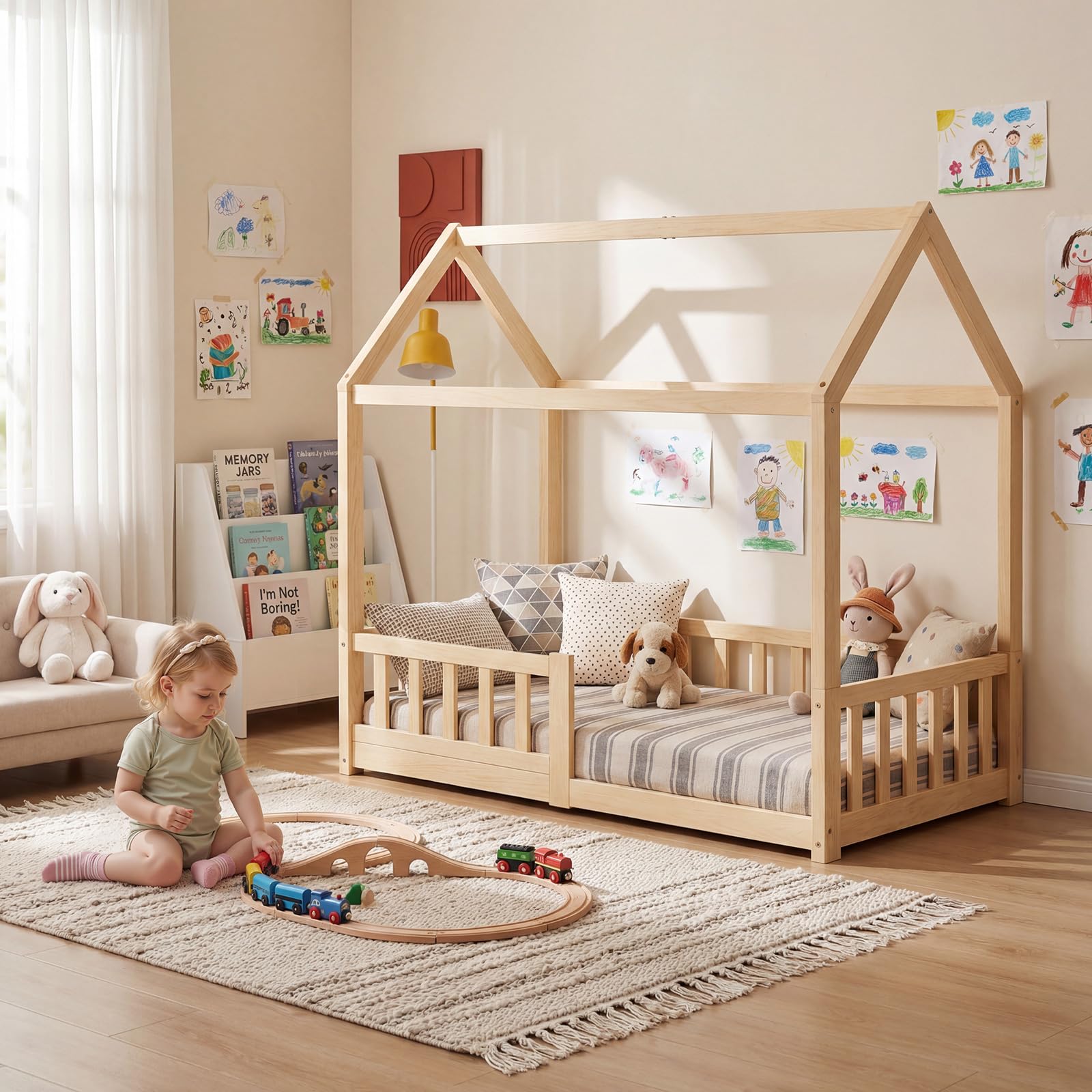 70x140cm Holz Kinder Hausbett mit Rausfallschutz und Lattenrost | Schön Montessori Bodenbett für Kleinkind, Kiefernholz Massiv Kinder Bett geeignet für Mädchen und Jungen