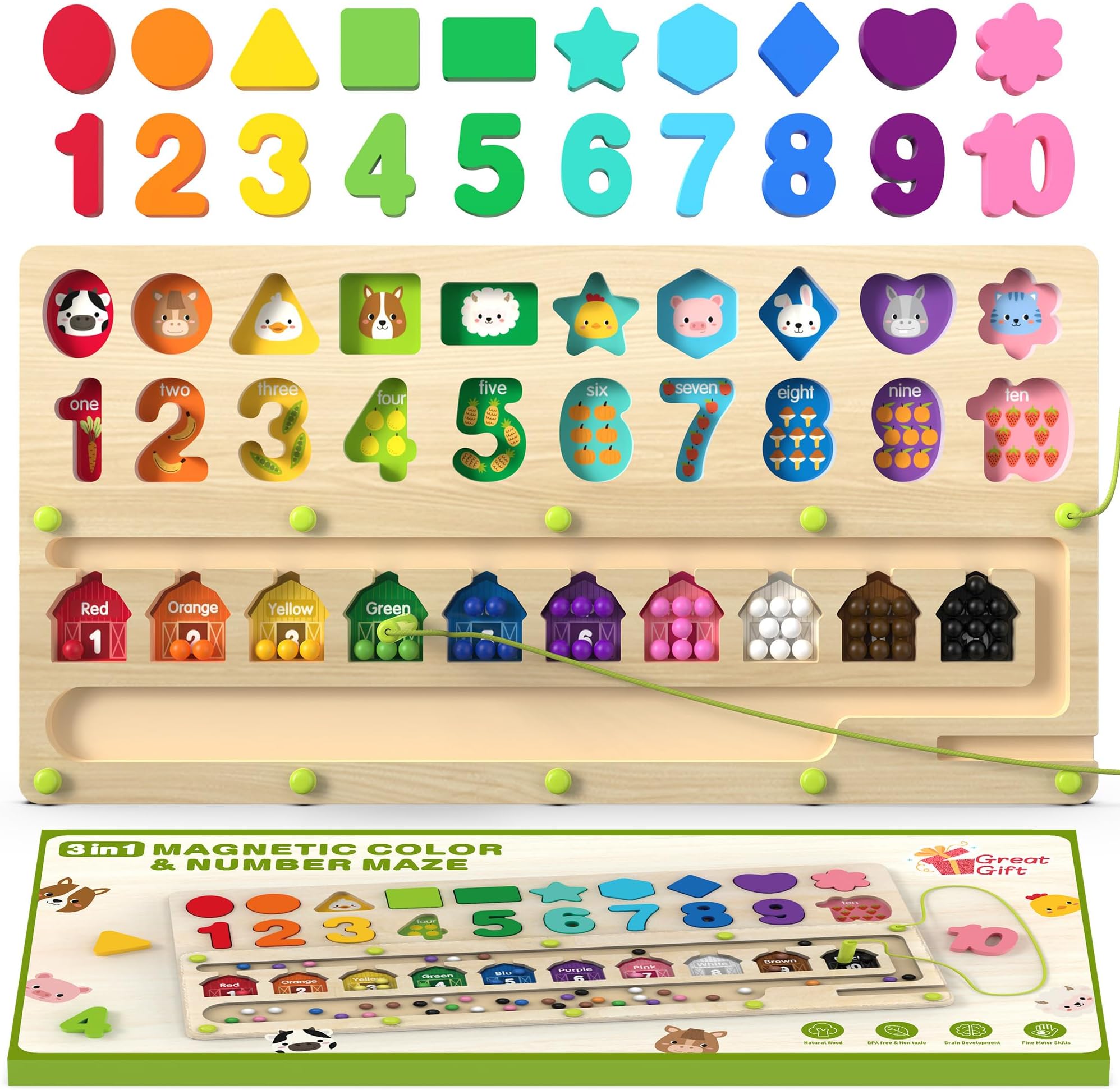 Montessori Toys 3+ Year Old, Magnetic Color and Number Maze, Shape Sorting for Toddlers, Learning Educational Counting Matching for Preschoolers