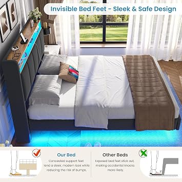DICTAC Double Floating Bed Frame with Upholstered Storage Headboard, Stable and Sturdy 4ft6 Double Bed Frame with Power Strip & LED Lights, 135x190 cm Platform Bed Frame No Box Spring Needed, Grey