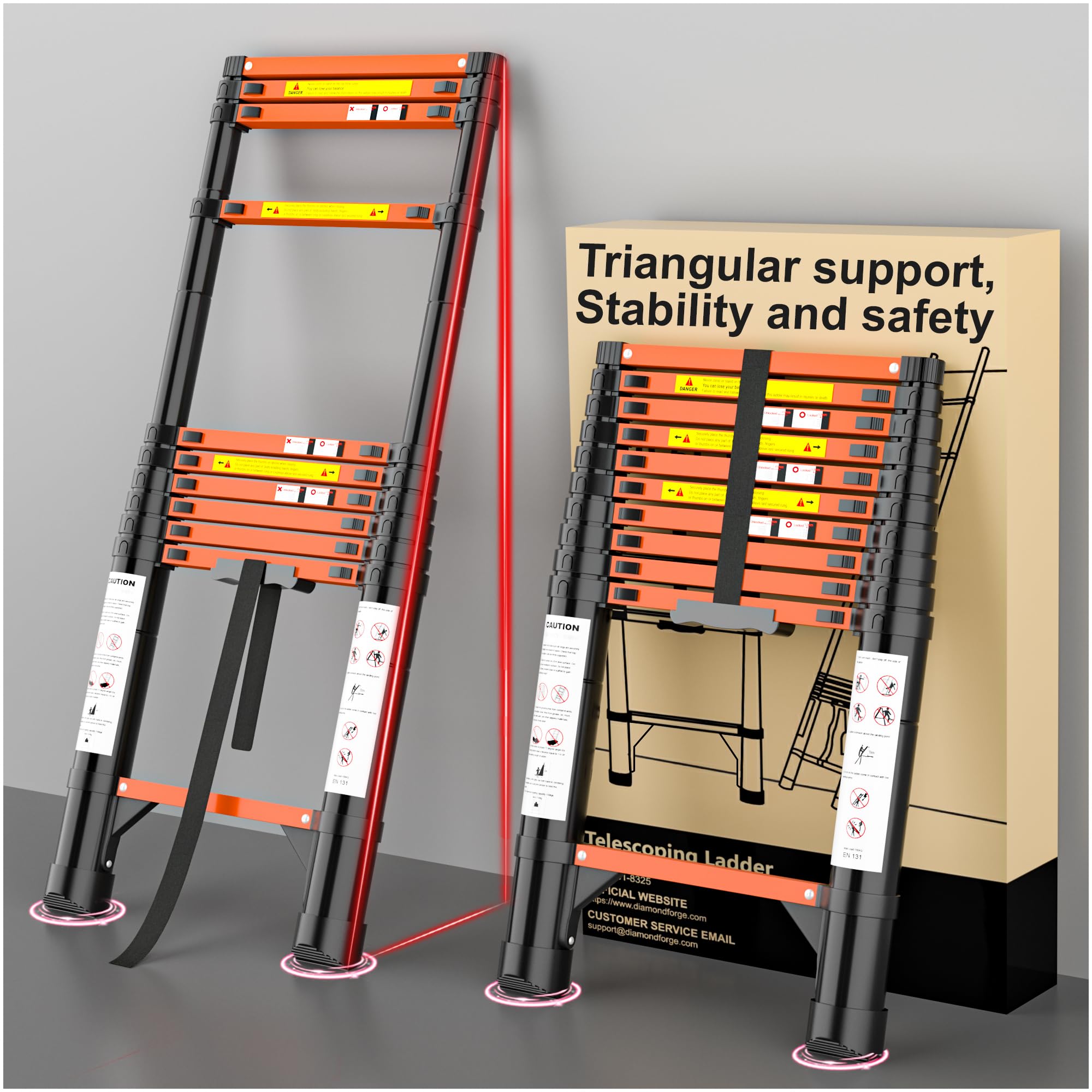 Telescoping Ladder, 10.5 FT 330 Lbs Aluminum Extension Ladder, Black Orange