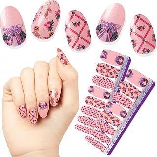 Baking Season - Pink Glitter Nails with Gingerbread & Holly, Real Nail Polish Strips, Holiday Christmas Manicure - 16 Double-Ended Strips