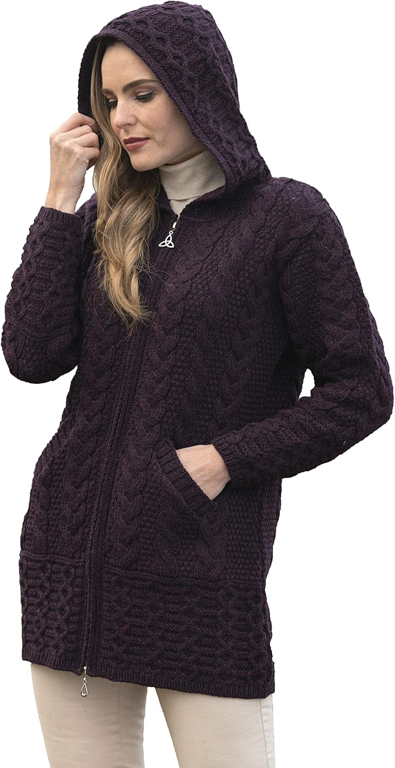Aran Crafts Women's Irish Cable Knitted Wool Hooded Zip Coat (100% Merino Wool)