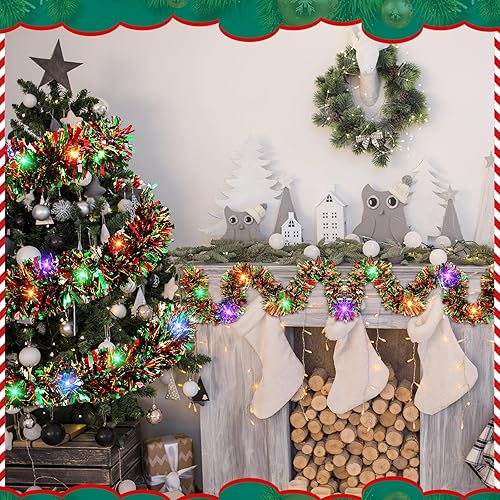 Miniatura 7 de Guirnalda de oropel de Navidad de 65.6 pies con tira de luces LED de 65.6 pies, guirnalda metálica de oropel giratorio, guirnalda de árbol colgante