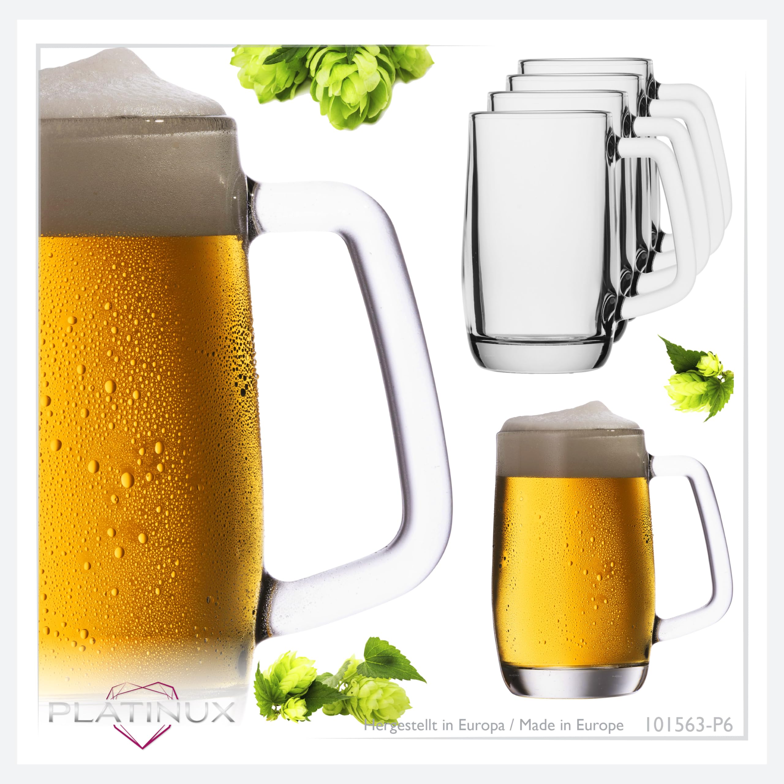 PLATINUX Juego de 6 jarras de cerveza con asa de cristal, 300 ml (máx. 375 ml)