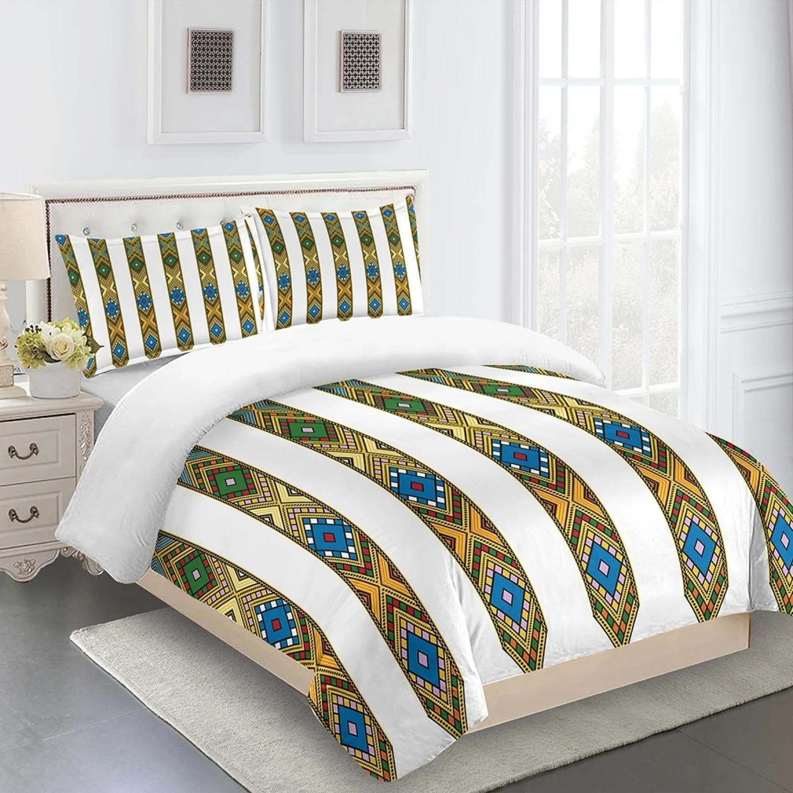 Housse de couette imprimé éthiopien blanc et or 240x260cm grand lit