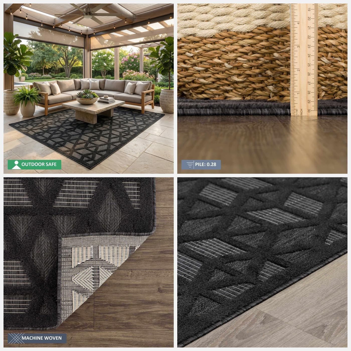 BoutiqueRugs Indoor/Outdoor Black Geometric 6x9 Area Rug Contemporary Trellis Nuri Living Room Bedroom Dining Room Home Office Apartment 6'7" x 9' Stain Resistant Non-Shedding Pet Friendly