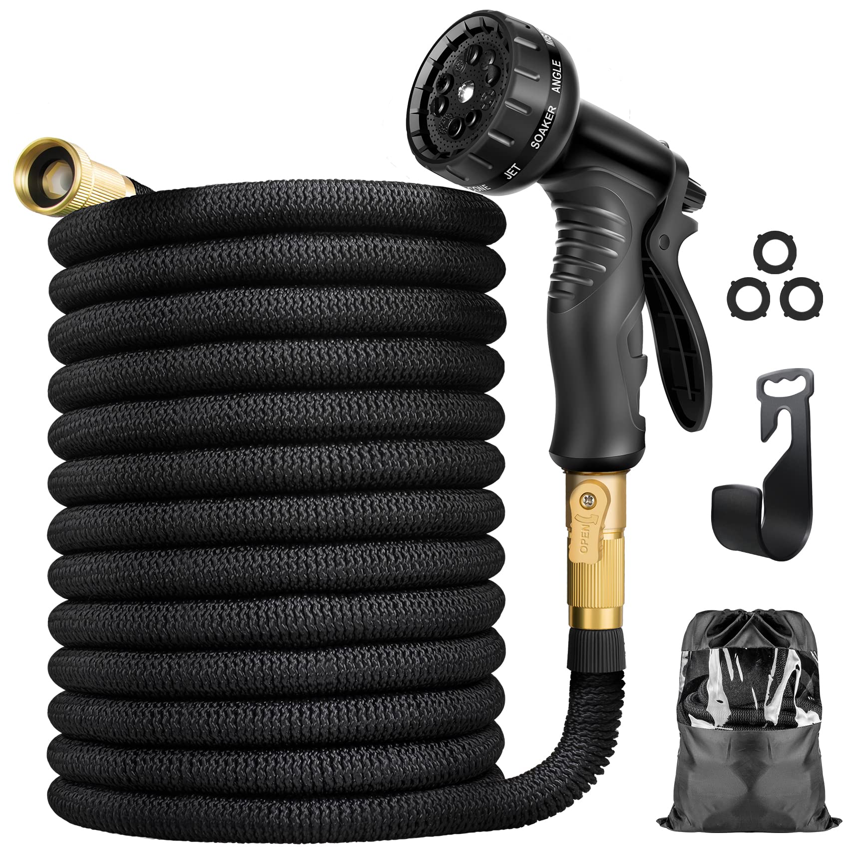 VIENECI Garden Hose 100 ft, Durable Flexible Water Hose with 10 Function Spray Hose Nozzle, 3/4 inch Solid Brass Fittings, Extra Strength Fabric, Lightweight & No-kink Expanding Hose