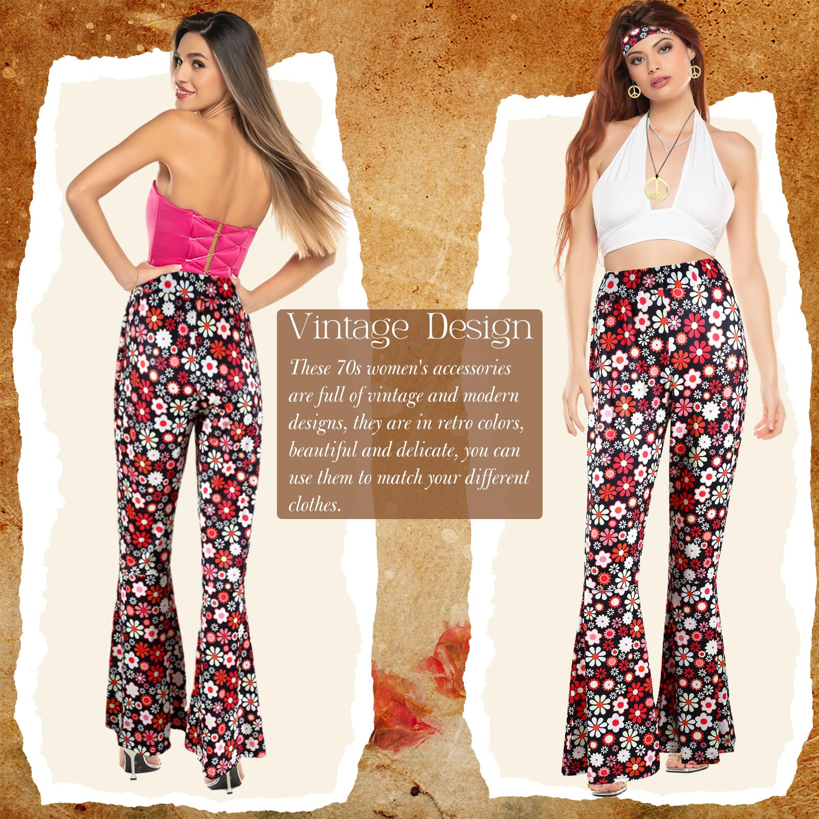 Hestya Set di Accessori per Costume Anni '60 Anni '70 Kit di Travestimento Hippie da Donna Gilet con Frange Pantaloni Svasati Borsa Fascia Fiori Occhiali da Sole Collana Pace per Halloween