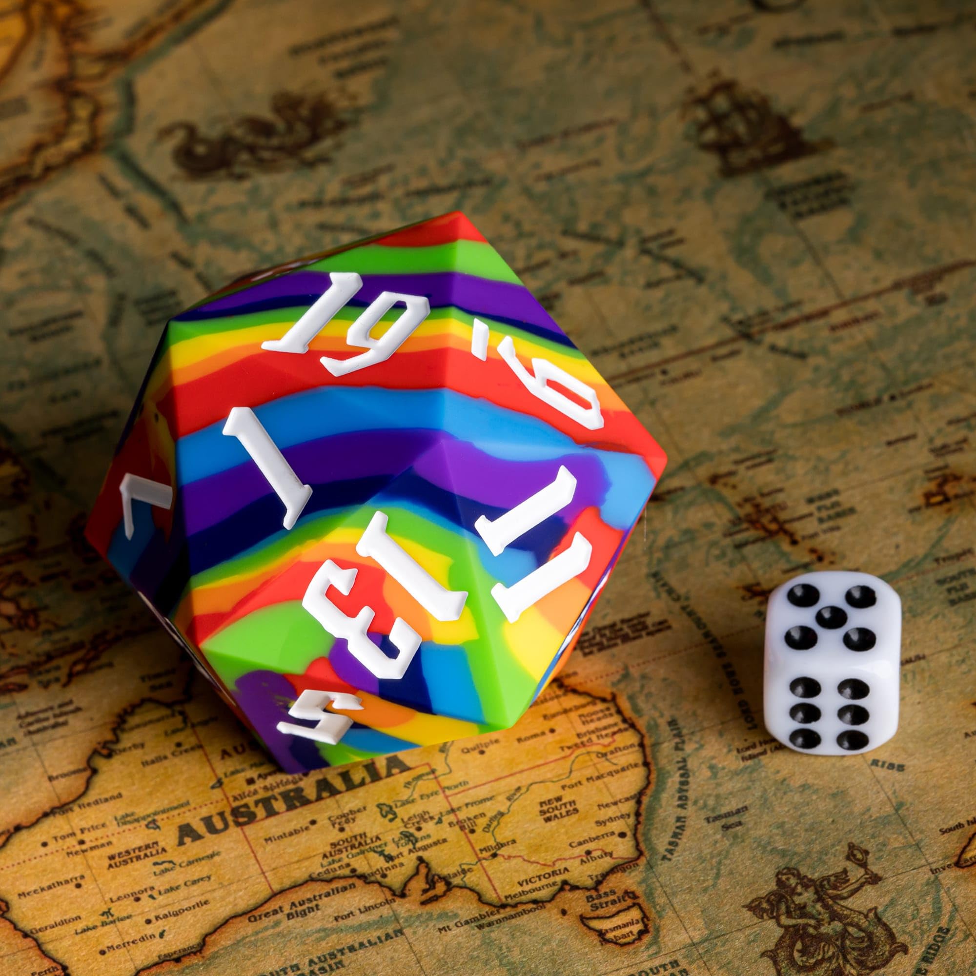 Gigantyczne silikonowe kostki D20 o 20 twarzach 55 mm, tęczowe kolory, miękkie i wygodne w dotyku, idealne do gier D&D RPG, bar, pub, klub, impreza (tęcza)