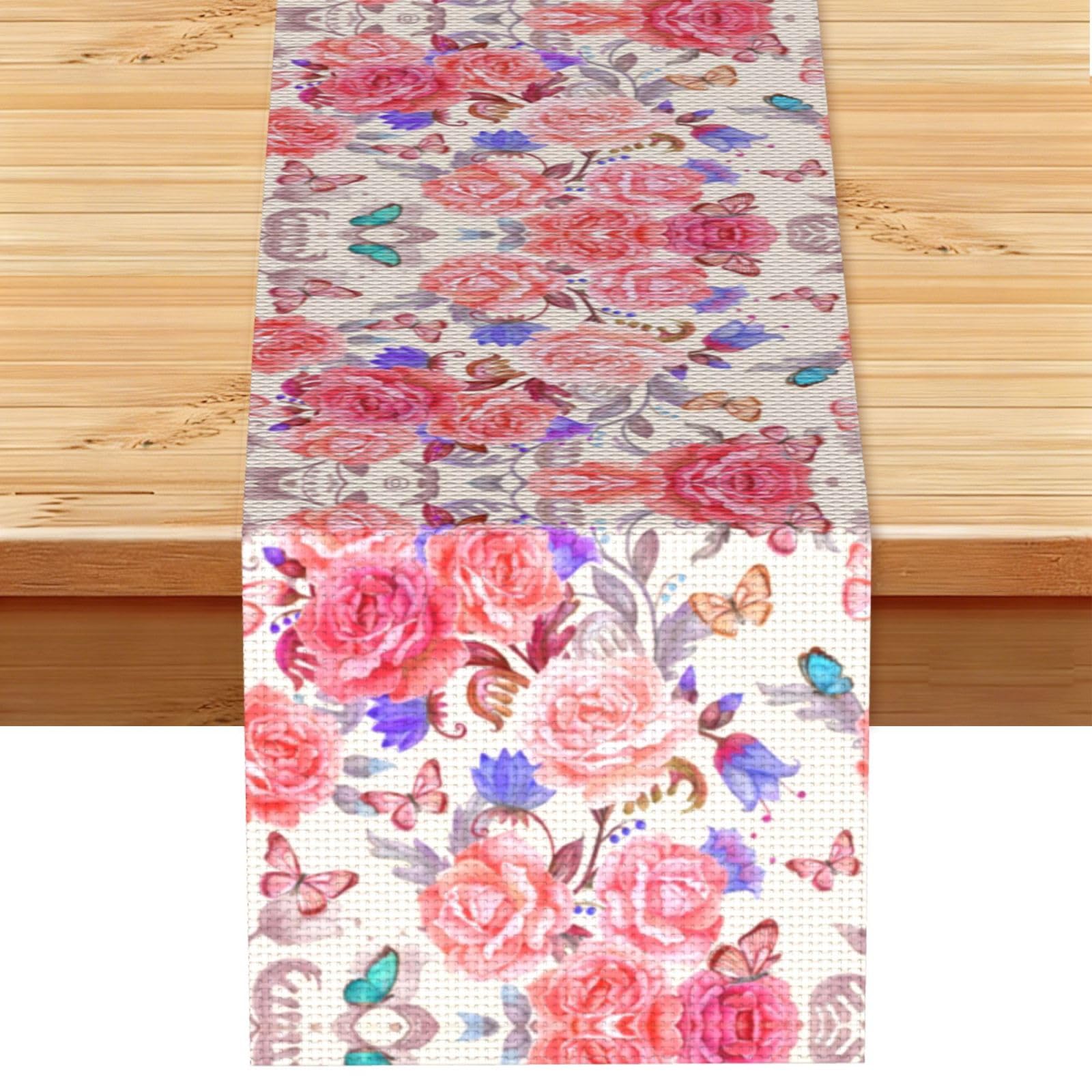 Flower Rose Butterfly Linen Feel Table Runner Wedding Party Home Decoration