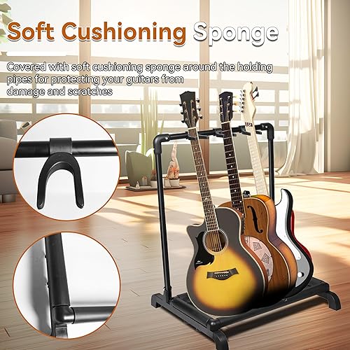 Miniatura 15 de AZOR Soporte para 7 guitarras con diseño plegable, 7 soportes para guitarra eléctrica acústica, bajo, esponja de amortiguación suave que protege tus
