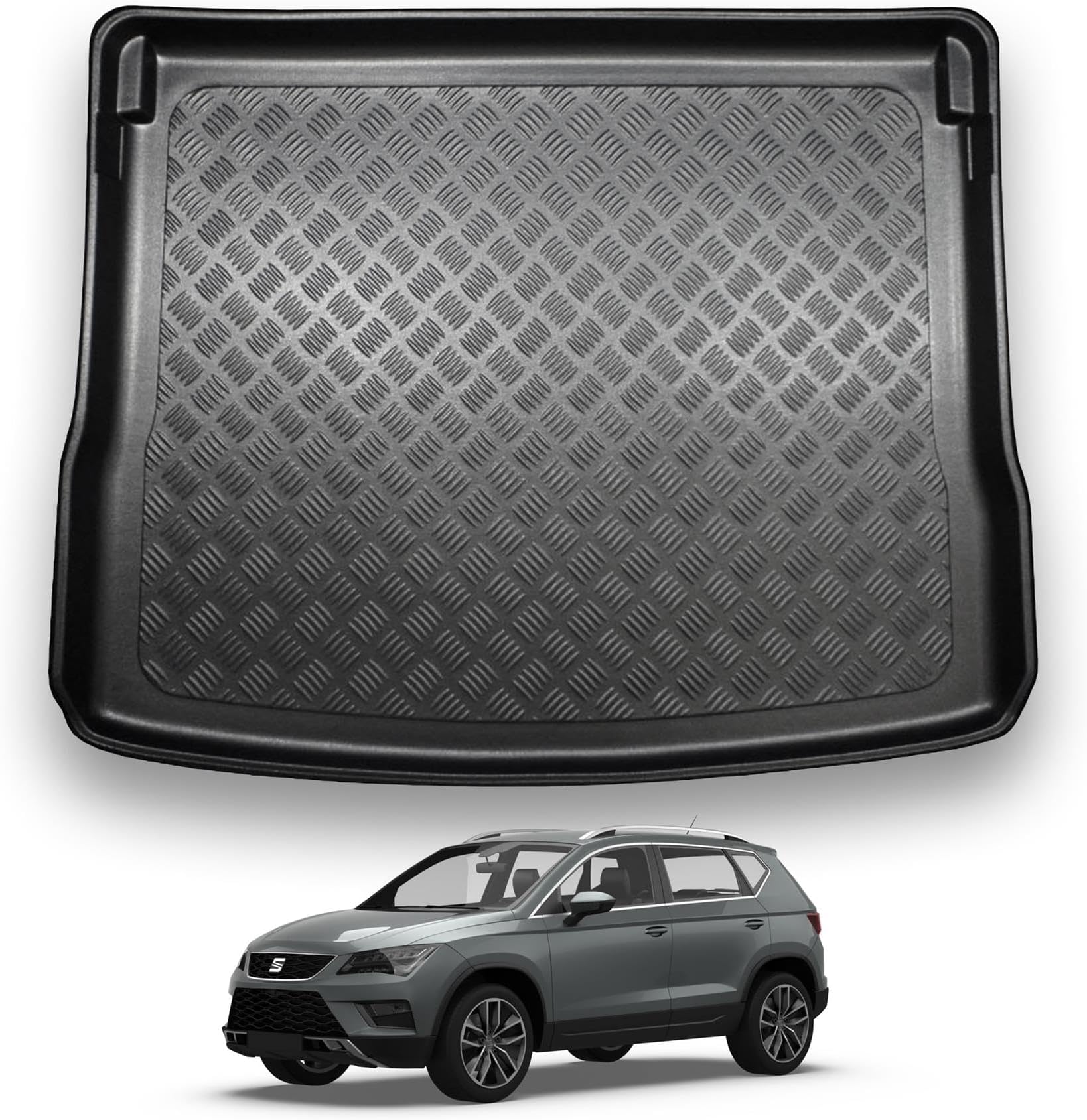NOMAD Seat Ateca (2016+) Boot Liner [Upper Boot Position] Tailored Fit Car Floor Mat Protector Non Slip Waterproof Raised Edges Compatible Custom Fit Accessory Black Dog & Pet Friendly