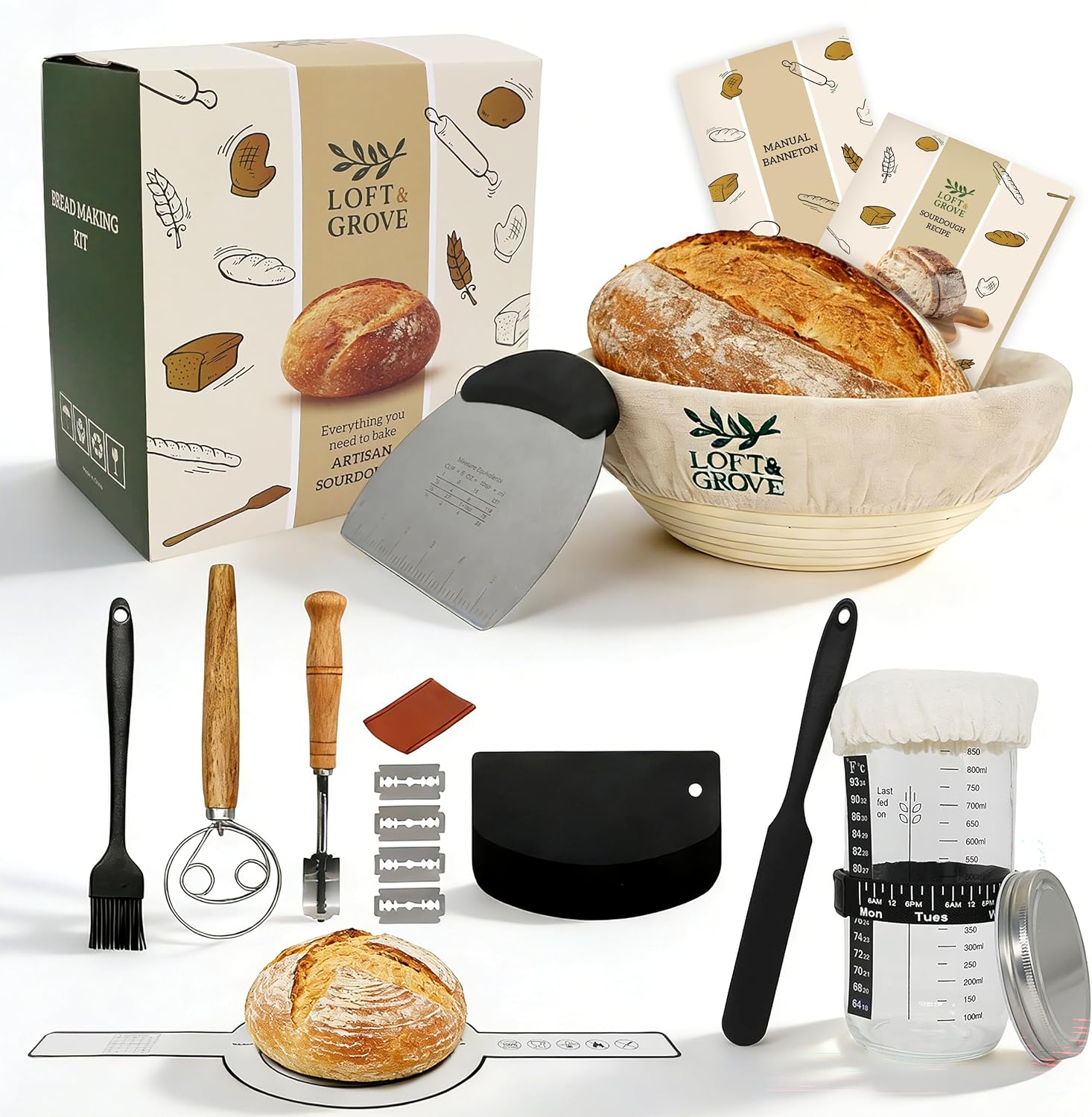 Loft & Grove Sourdough Starter Kit – Complete Bread Baking Kit with 9” Banneton Proofing Basket, 34oz Starter Jar with Feeding Tracker, Dough Whisk, Bread Lame – Beginner Sourdough Baking Supplies