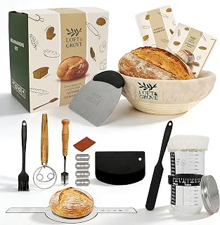 Sourdough Starter Kit – Complete Bread Baking Kit with 9” Banneton Proofing Basket, 34oz Starter Jar with Feeding Tracker, Dough Whisk, Bread Lame – Beginner Sourdough Baking Supplies