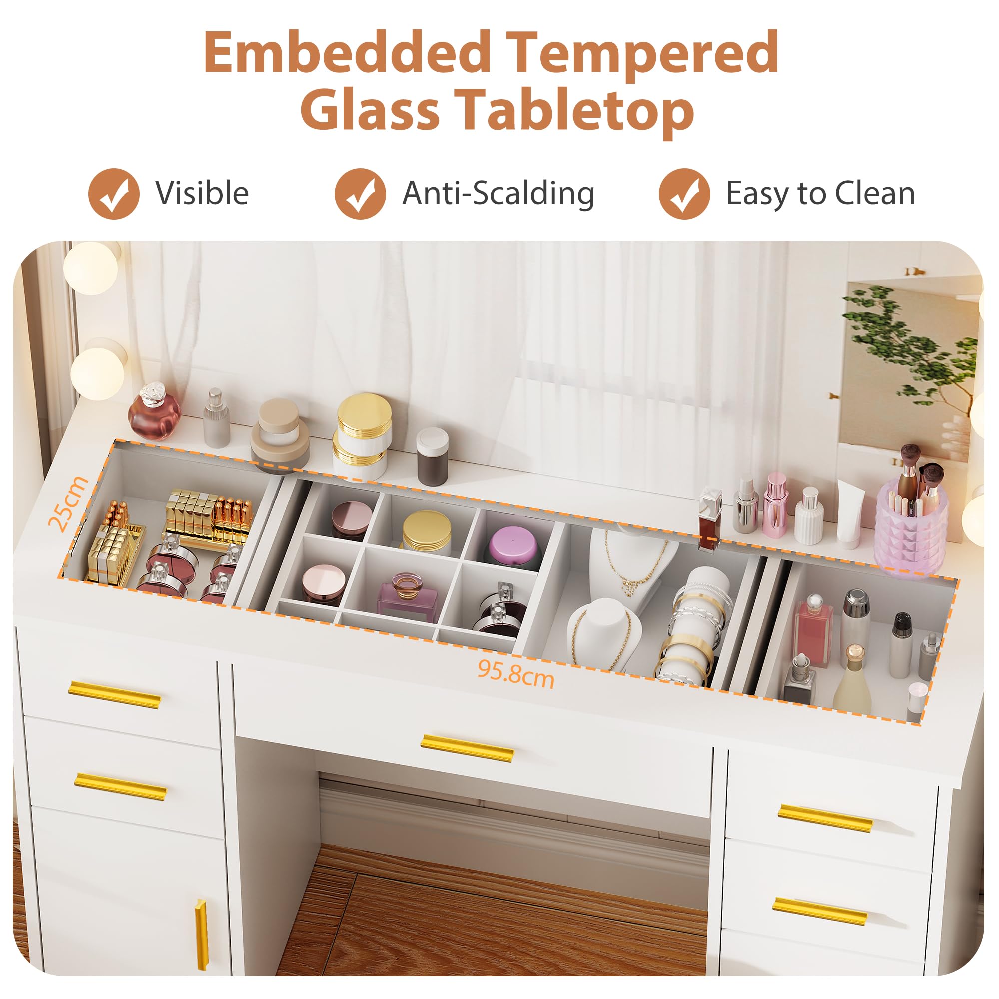 Toeletta Con Specchio Illuminato LED 3 Colori - Tavolo Makeup Con 2 Cassetti E Sgabello - Bianco Elegante - Foto 3